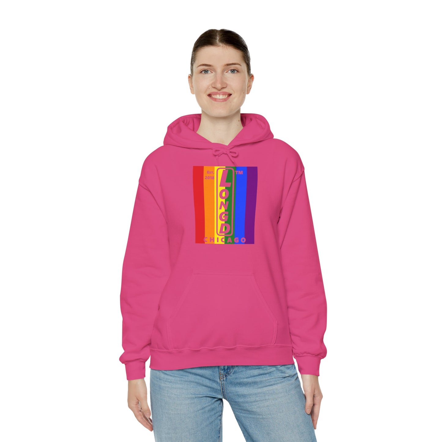 LongD® negative vertical 6-striped upright Chicago logo hoodie (Pride colors)