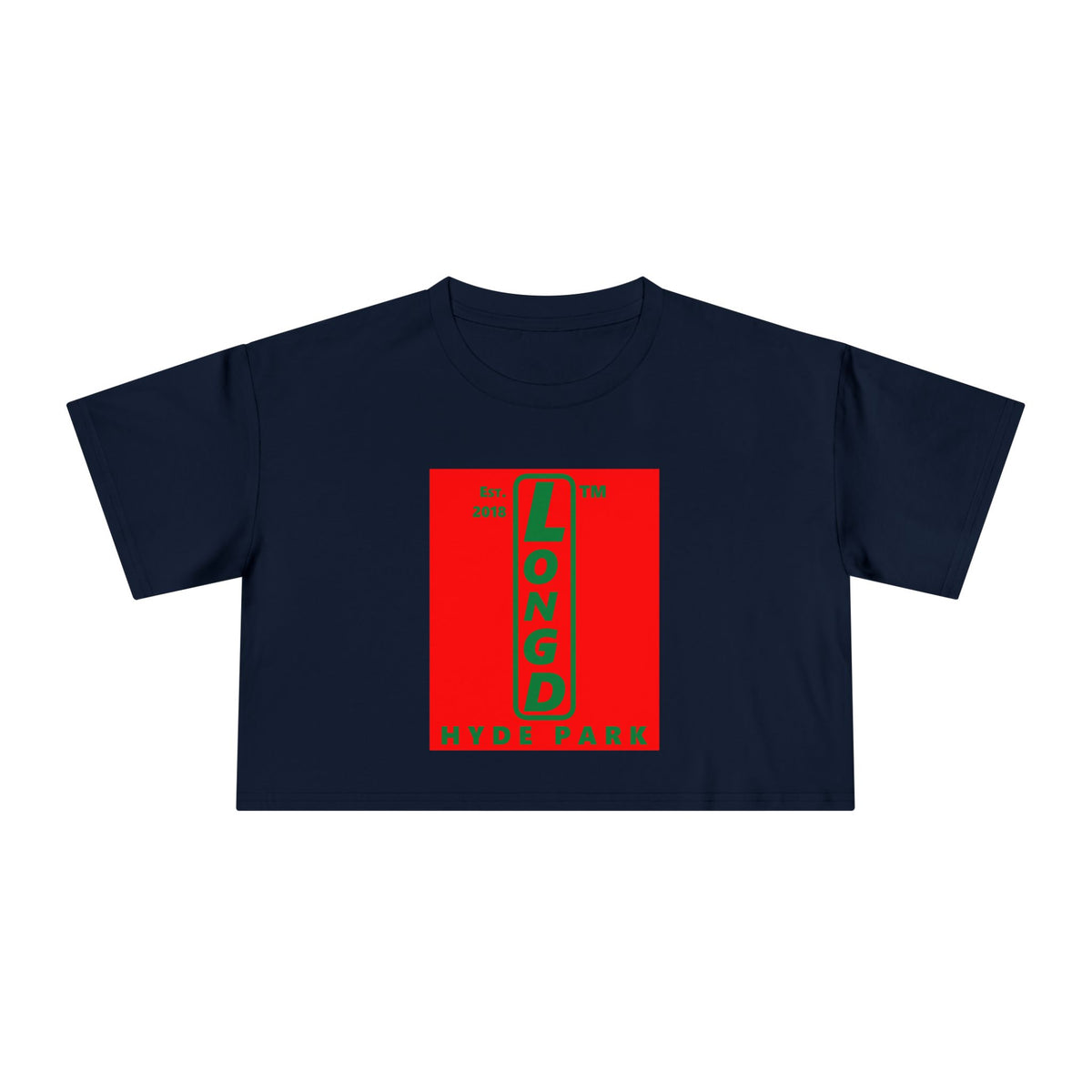 LongD Hyde Park upright logo positive green on negative red (Xmas colors) crop tee