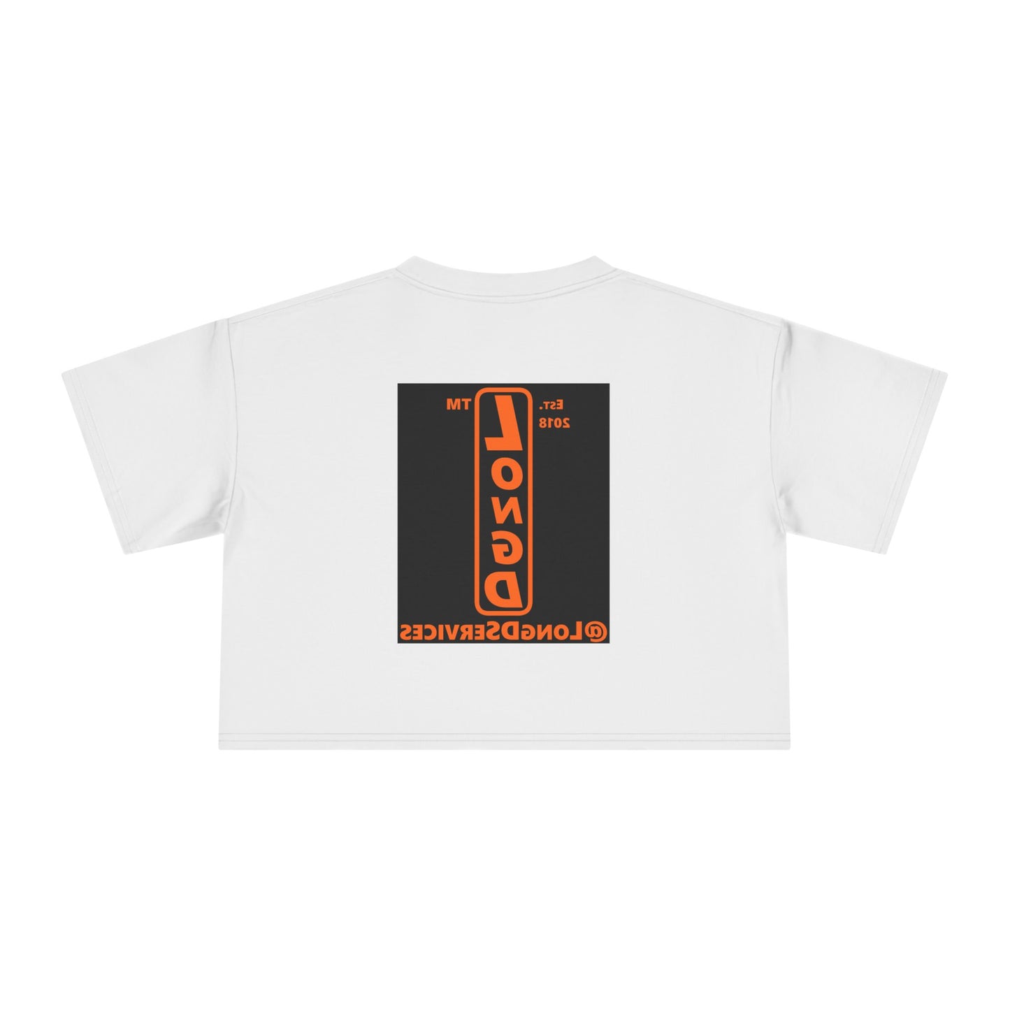 LongD Tag upright front-back logo orange (FE7518) on Black (000000) crop tee