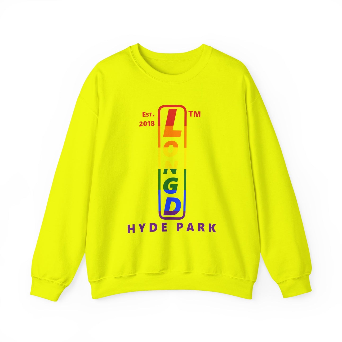 LongD positive horizontal 6-striped Hyde Park upright logo crewneck sweatshirt (Pride colors)