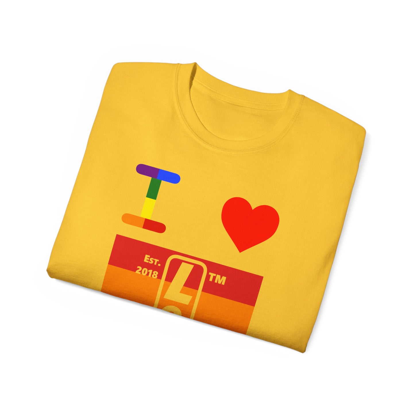 I Luv LongD Cotton Tee negative horizontal striped Hyde Park upright logo (Pride colors)