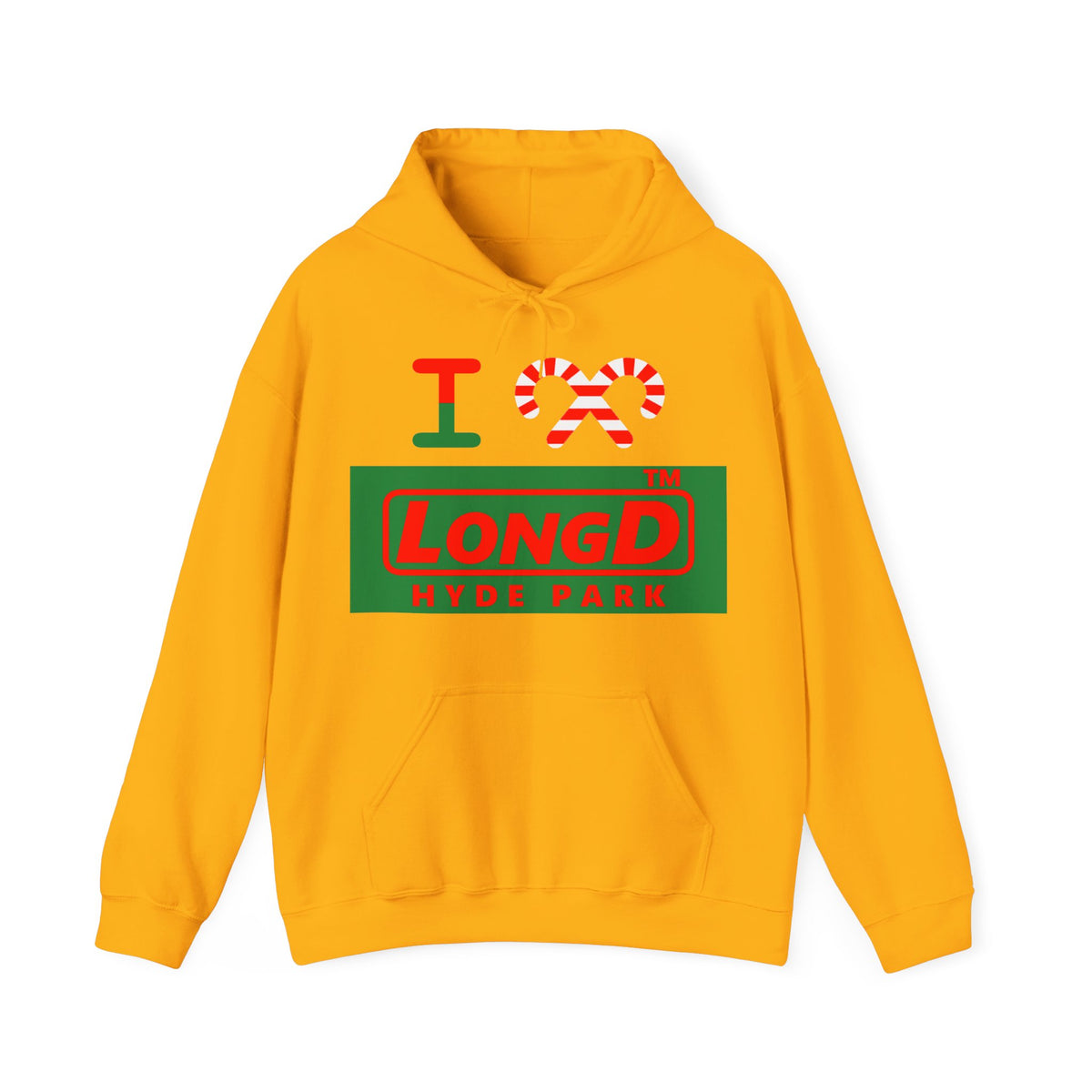 I candy cane LongD Hyde Park logo positive red on negative green hoodie