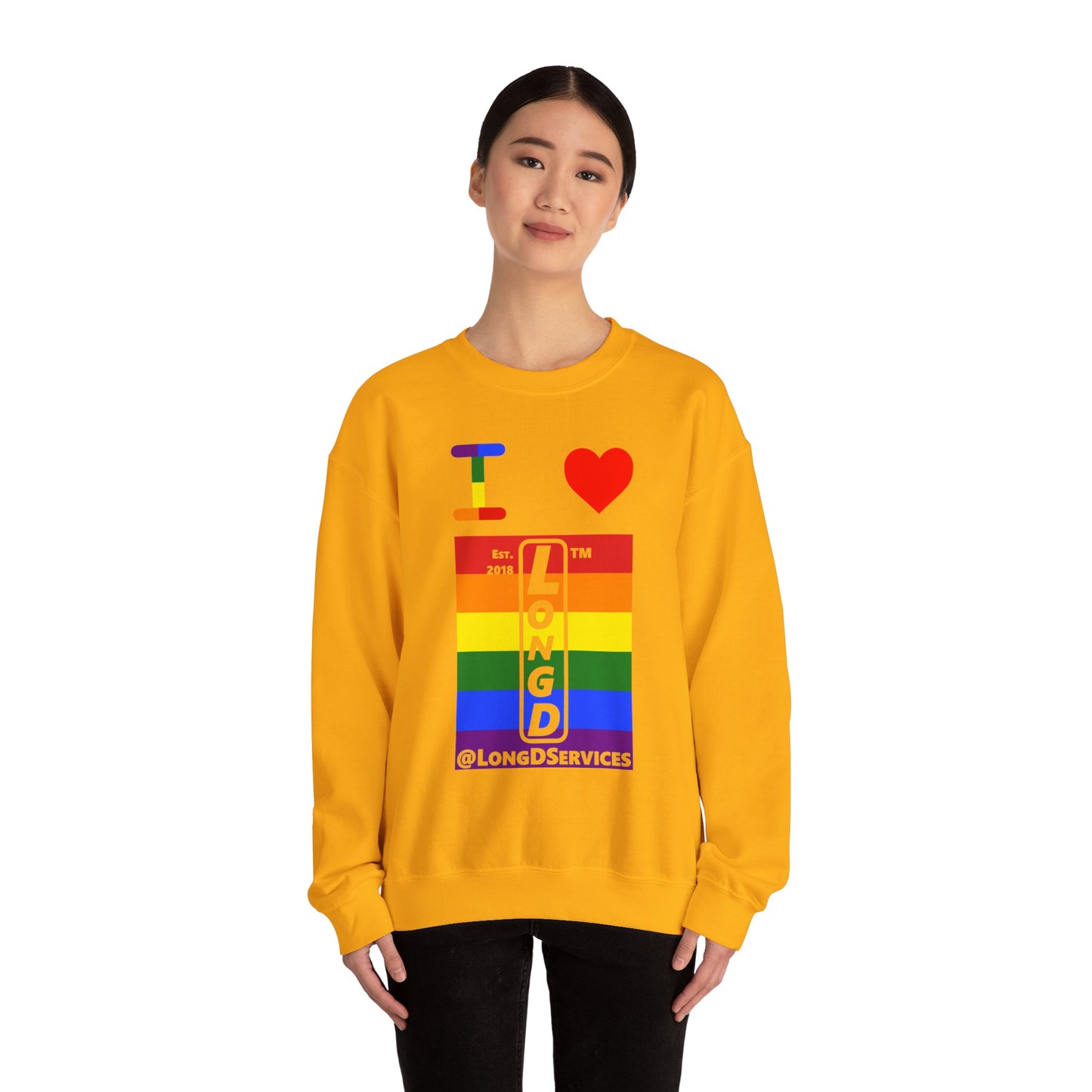 I Luv LongD negative horizontal 6-striped tag upright logo crewneck sweatshirt