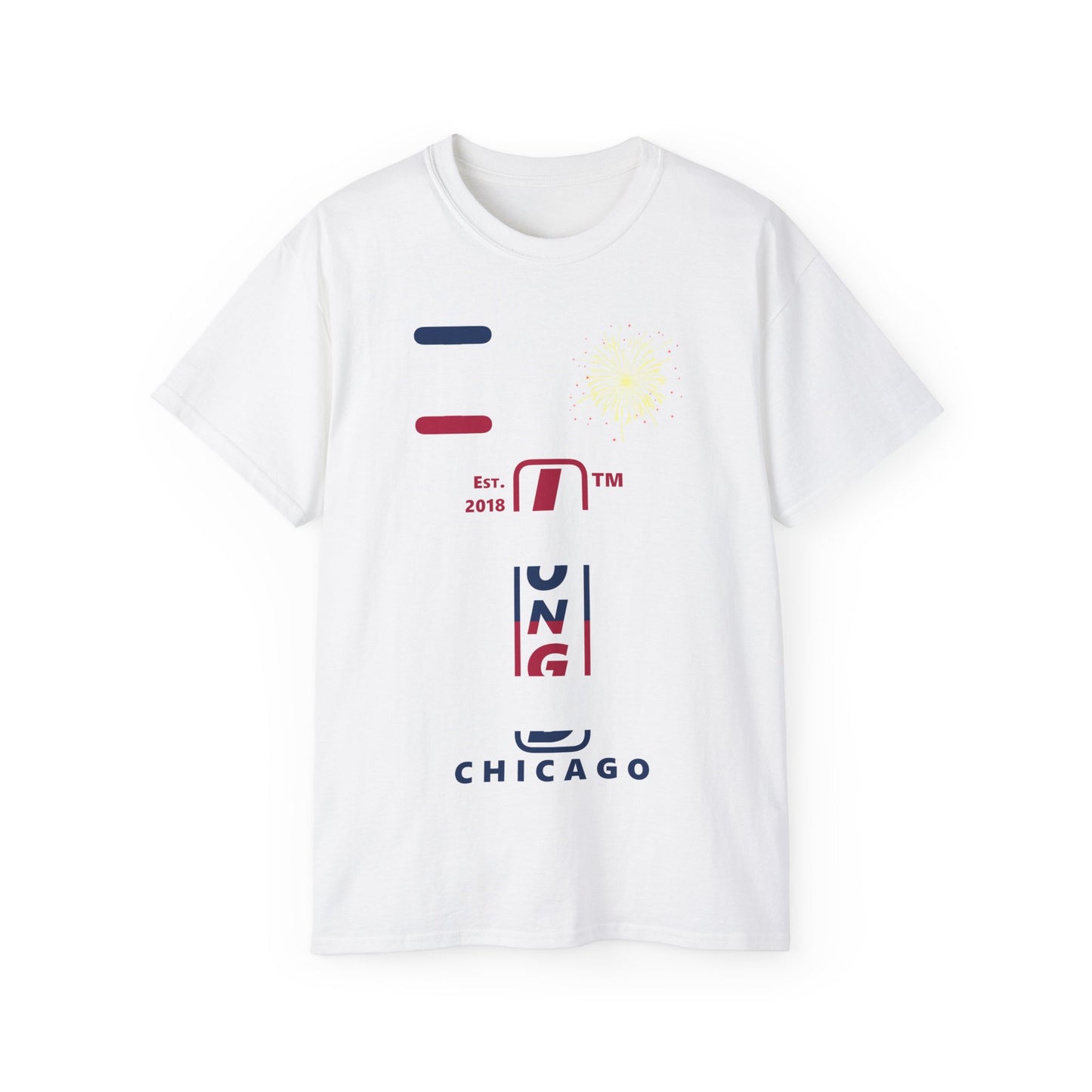 I Burst LongD cotton tee positive horizontal 6-striped Chicago upright logo (Patriotic colors)