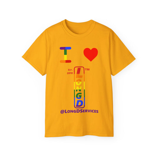 I Luv LongD Cotton Tee positive horizontal striped tag upright logo (Pride colors)