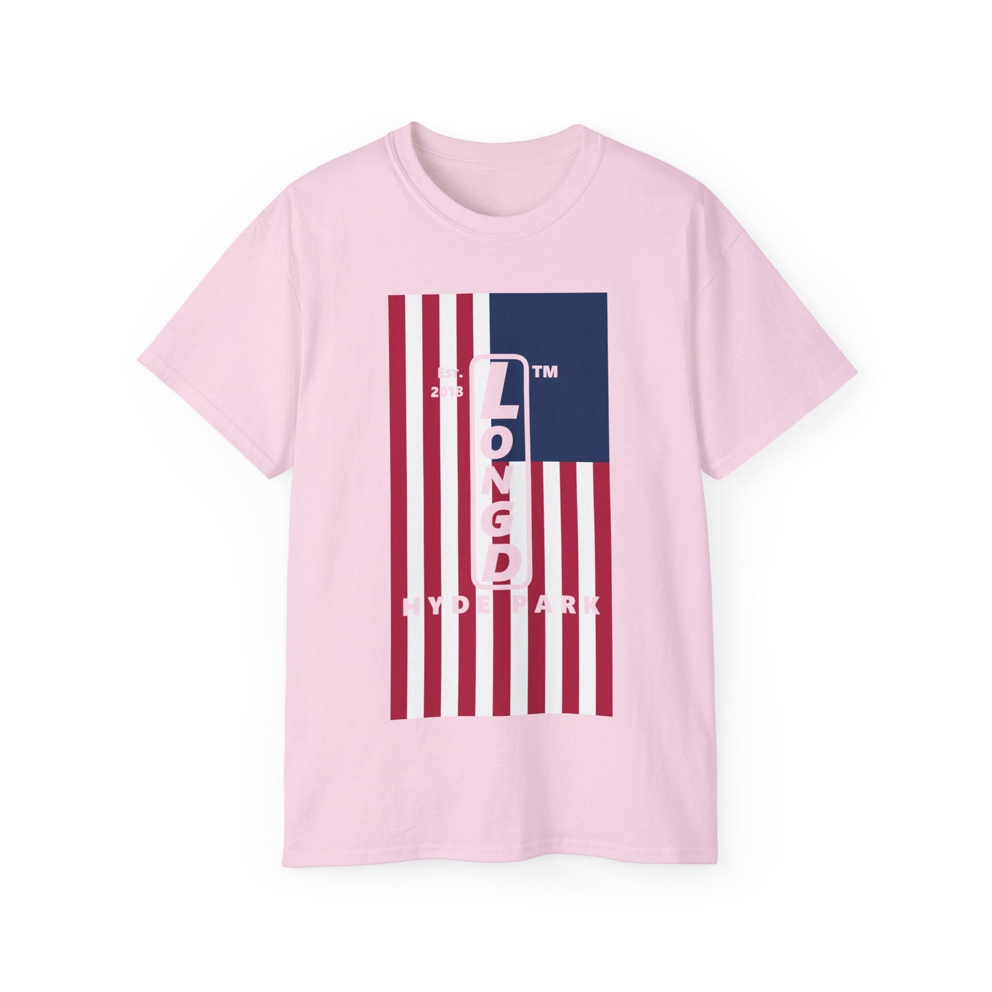 LongD cotton tee negative flag Hyde Park upright logo (Patriotic colors)