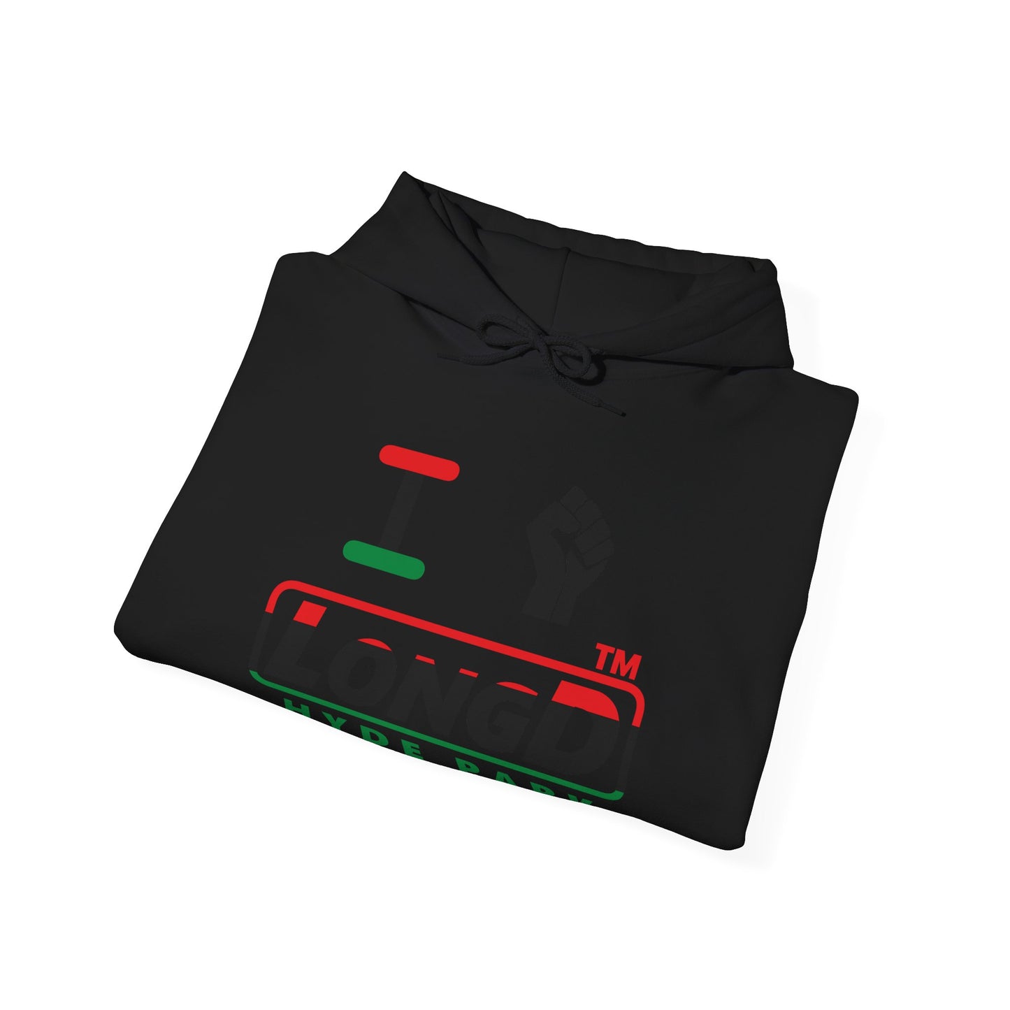 I fist LongD® positive horizontal 3-striped Hyde Park logo Hoodie (Juneteenth colors)