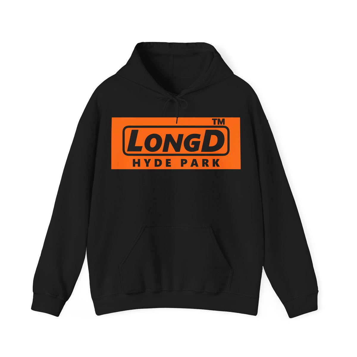 LongD Hyde Park logo Black (000000) on orange (FE7518) (Halloween colors) hoodie
