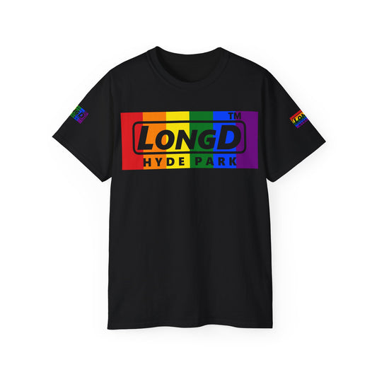 LongD negative vertical striped 4-print Hyde Park logo cotton tee (Pride colors)