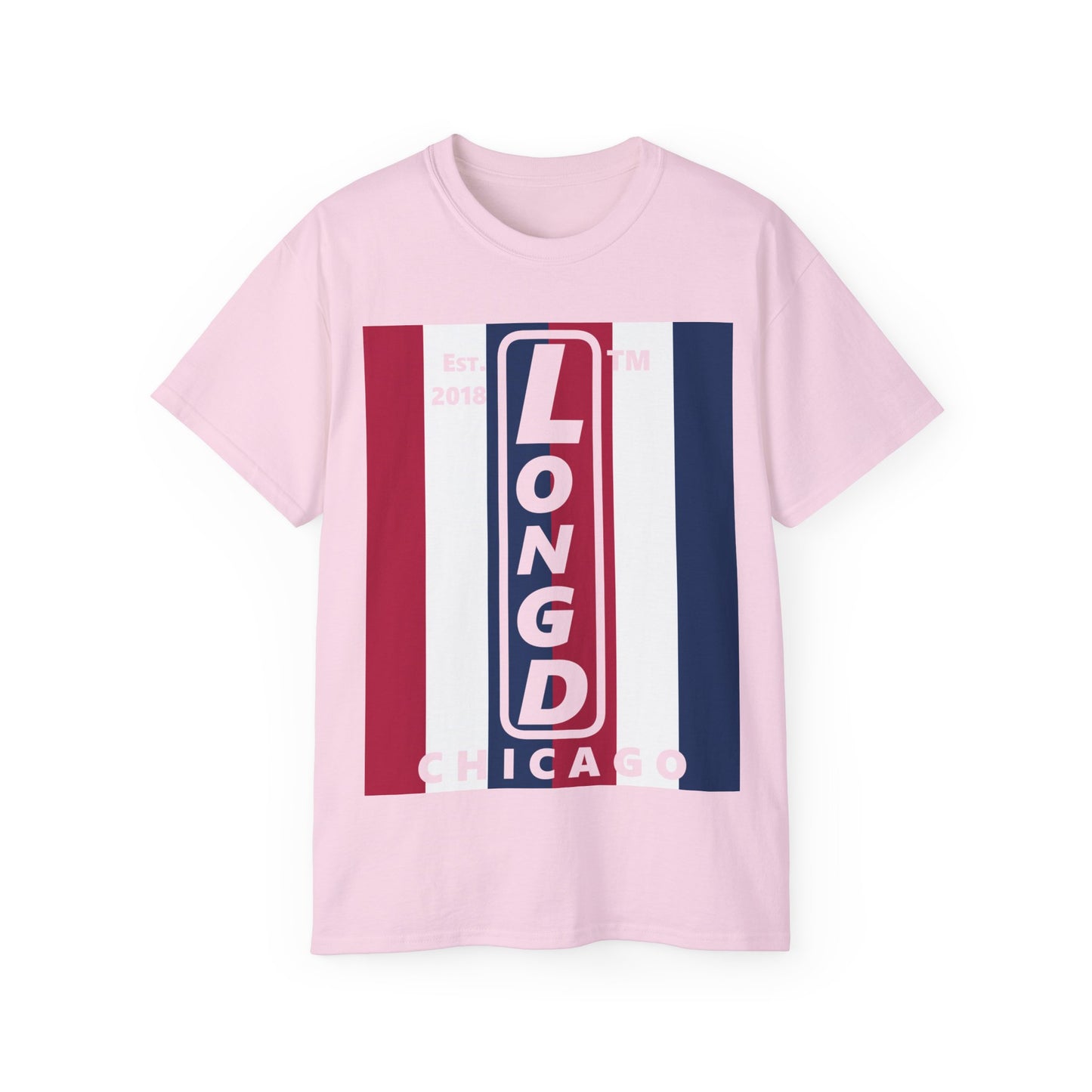 LongD cotton tee negative vertical 6-striped Chicago upright logo (Patriotic colors)
