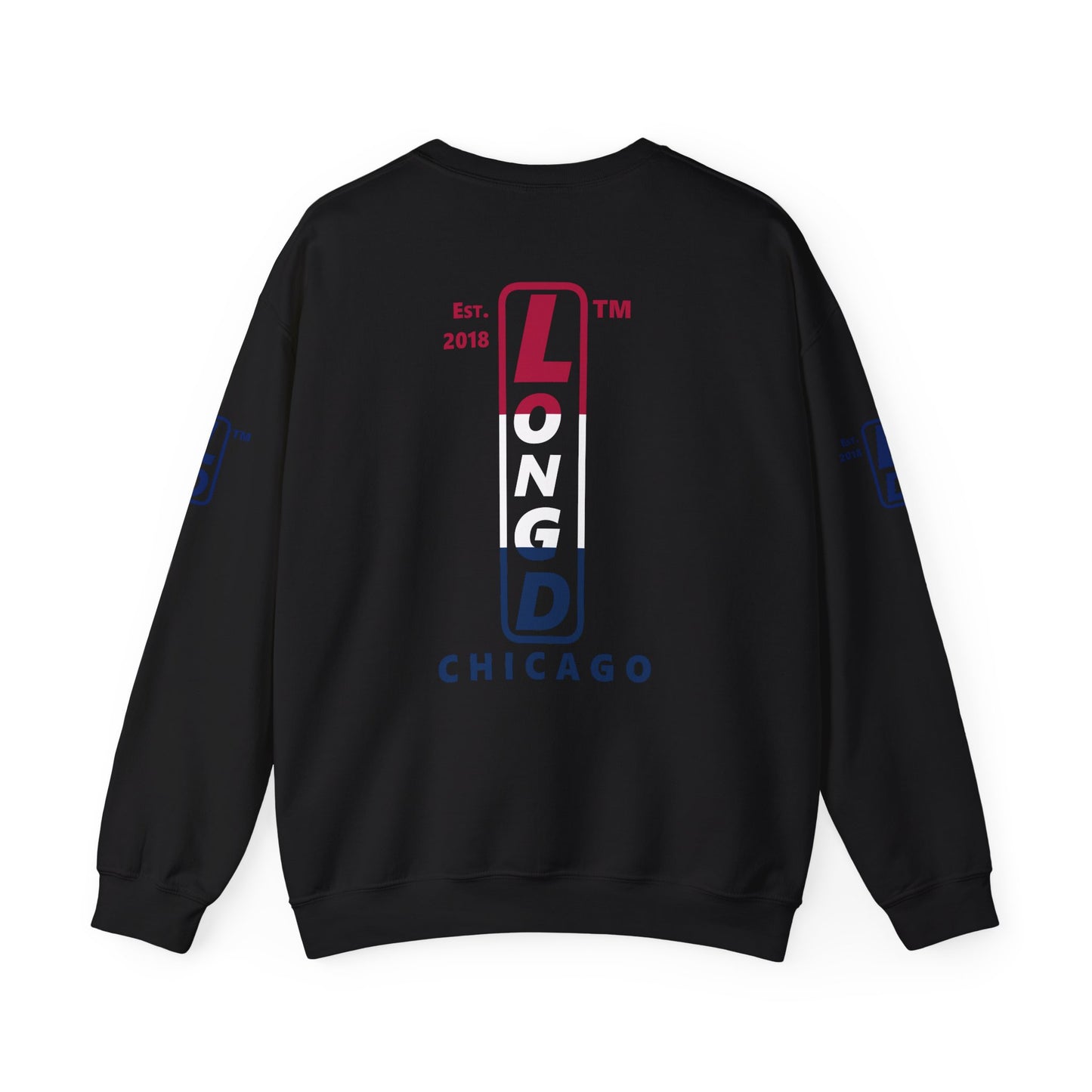 LongD positive horizontal 3-striped Chicago upright 4-print single-breasted logo crewneck sweatshirt (patriotic colors)