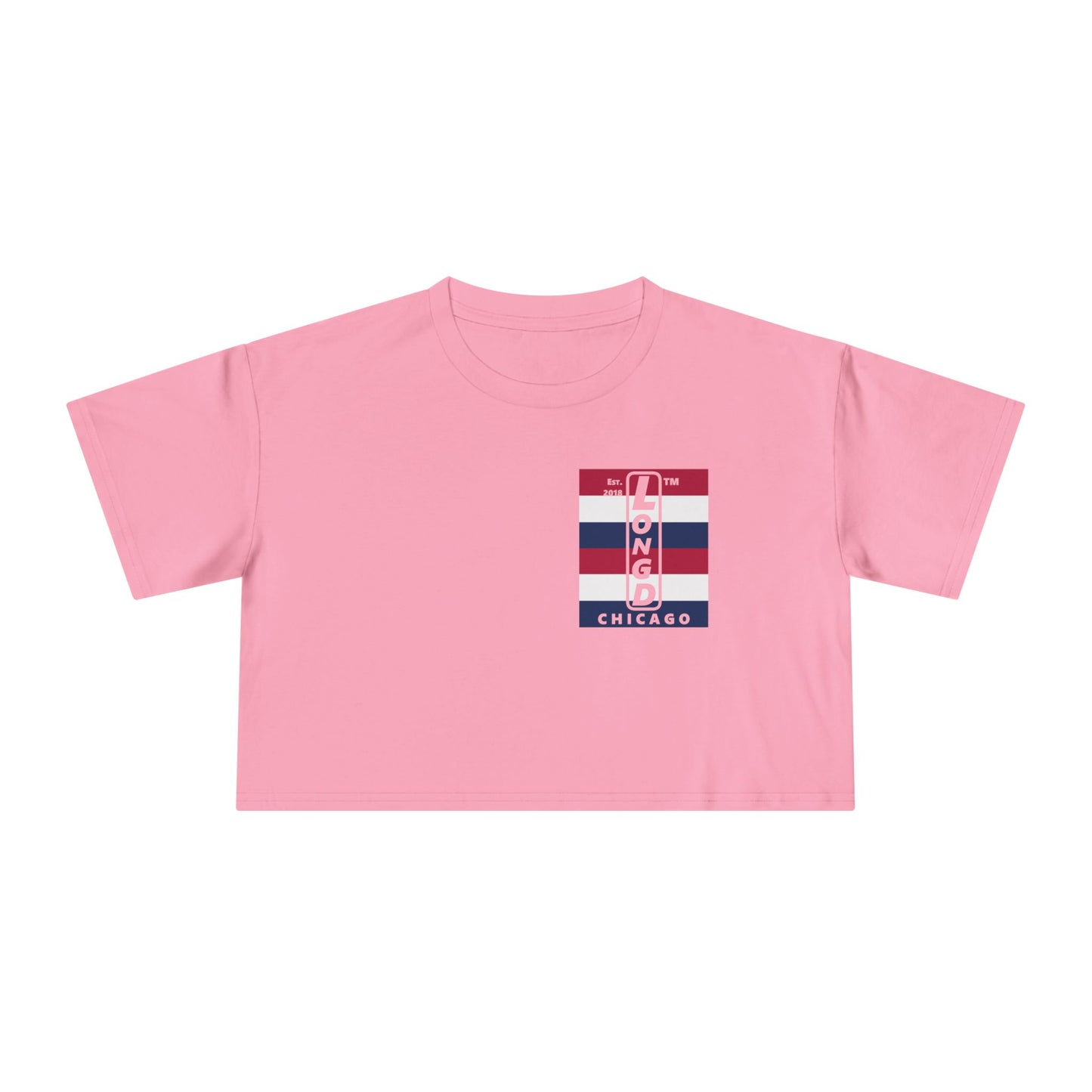 Negative horizontal 6-striped upright single-breasted Chicago logo crop tee (Patriotic colors)