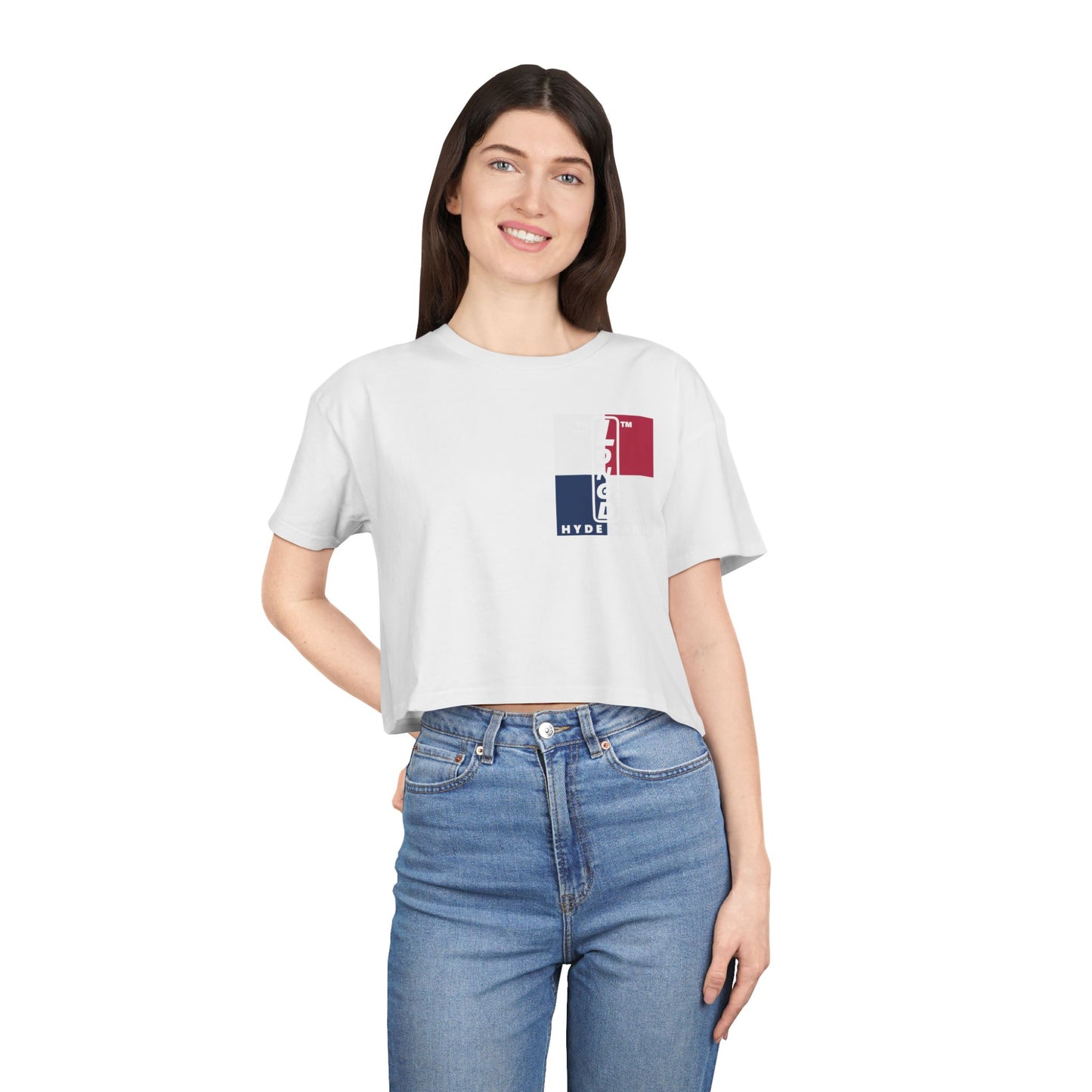 Negative quarters upright single-breasted Hyde Park logo crop tee (Patriotic colors)