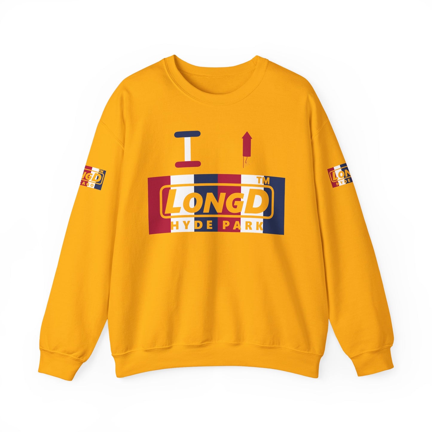 I firecracker LongD positive vertical 6-striped 4-print Hyde Park logo crewneck sweatshirt