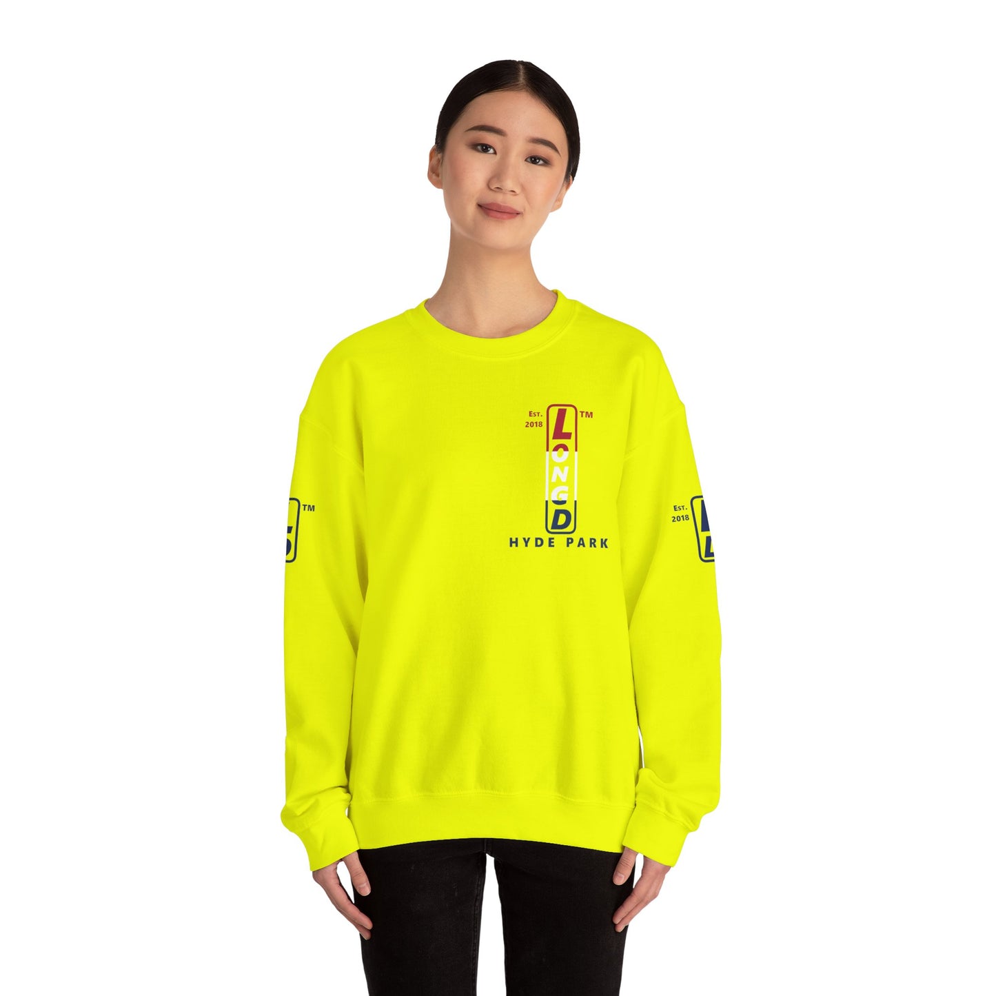 LongD positive horizontal 3-striped Hyde Park upright 4-print single-breasted logo crewneck sweatshirt (patriotic colors)