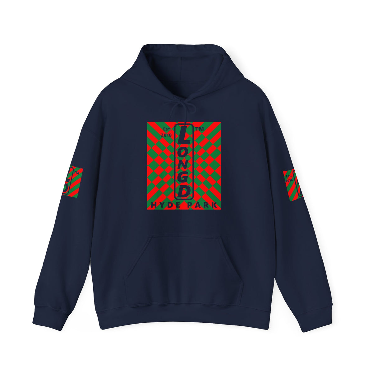 LongD Hyde Park negative upright stylized argyle 4-print logo (Xmas colors) hoodie