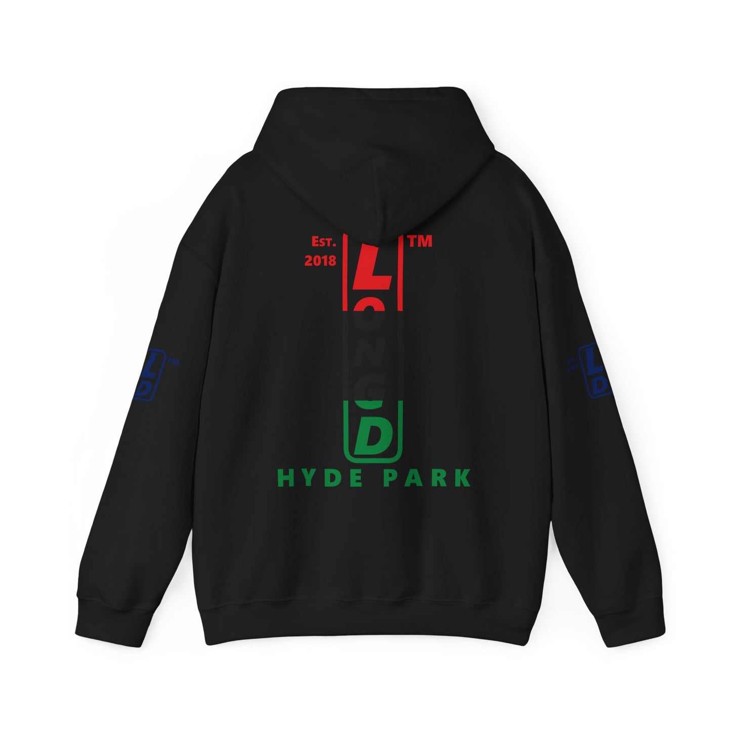 LongD® positive horizontal 3-striped Hyde Park 4-print upright logo hoodie (Juneteenth colors)