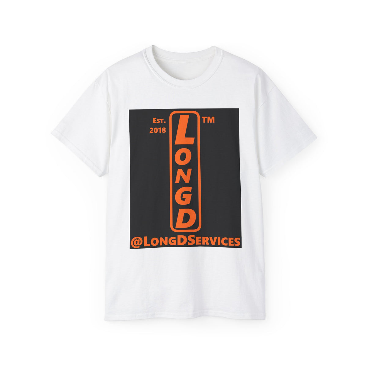 LongD Tag upright front-back logo orange (FE7518) on Black (000000) cotton tee