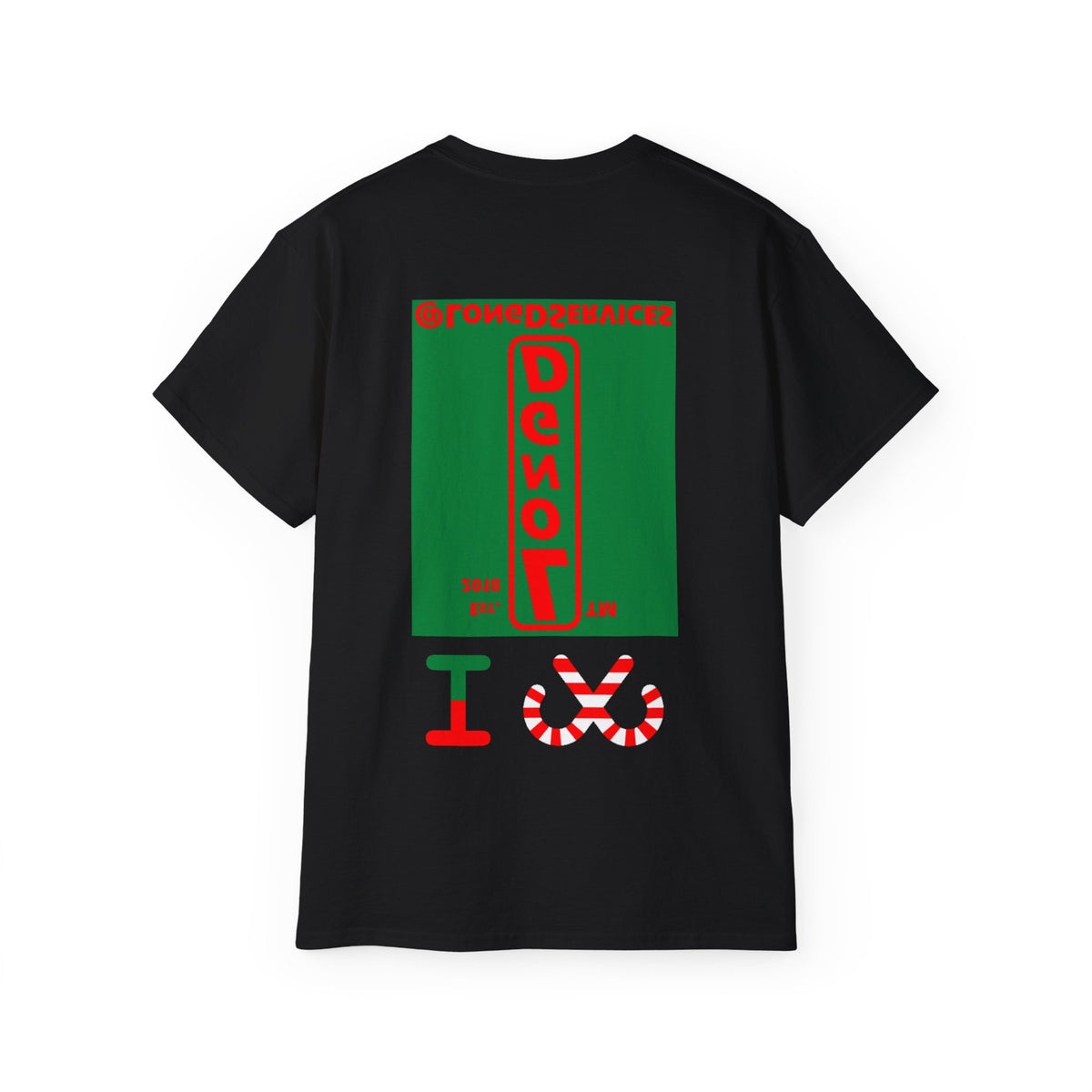 I candy cane LongD Tag upright front-back logo positive red on negative green cotton tee
