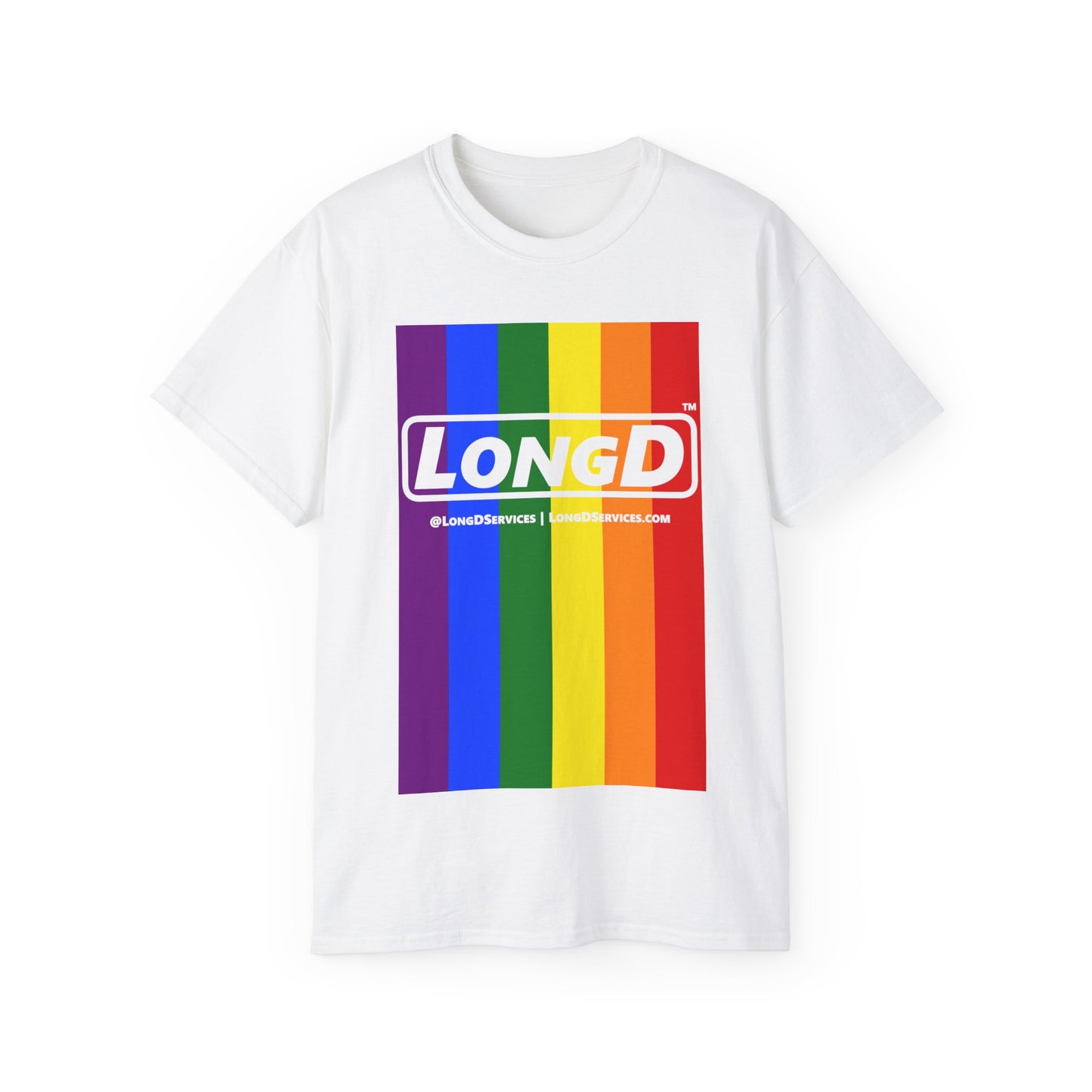 LongD® Logo Cotton Tee Pride rainbow vertical flag negative text