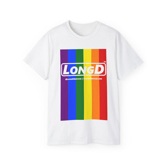 LongD® Logo Cotton Tee Pride rainbow vertical flag negative text