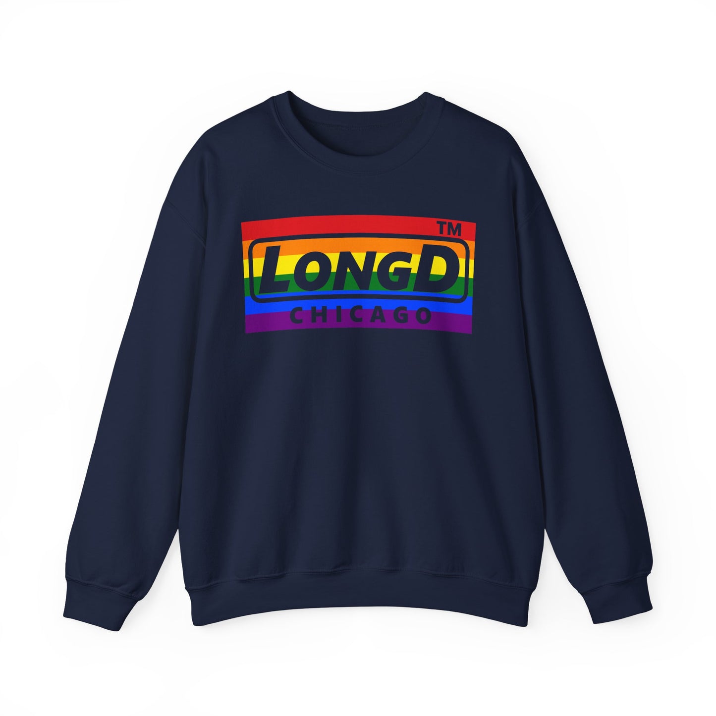 LongD negative horizontal striped Chicago logo crewneck sweatshirt (Pride colors)