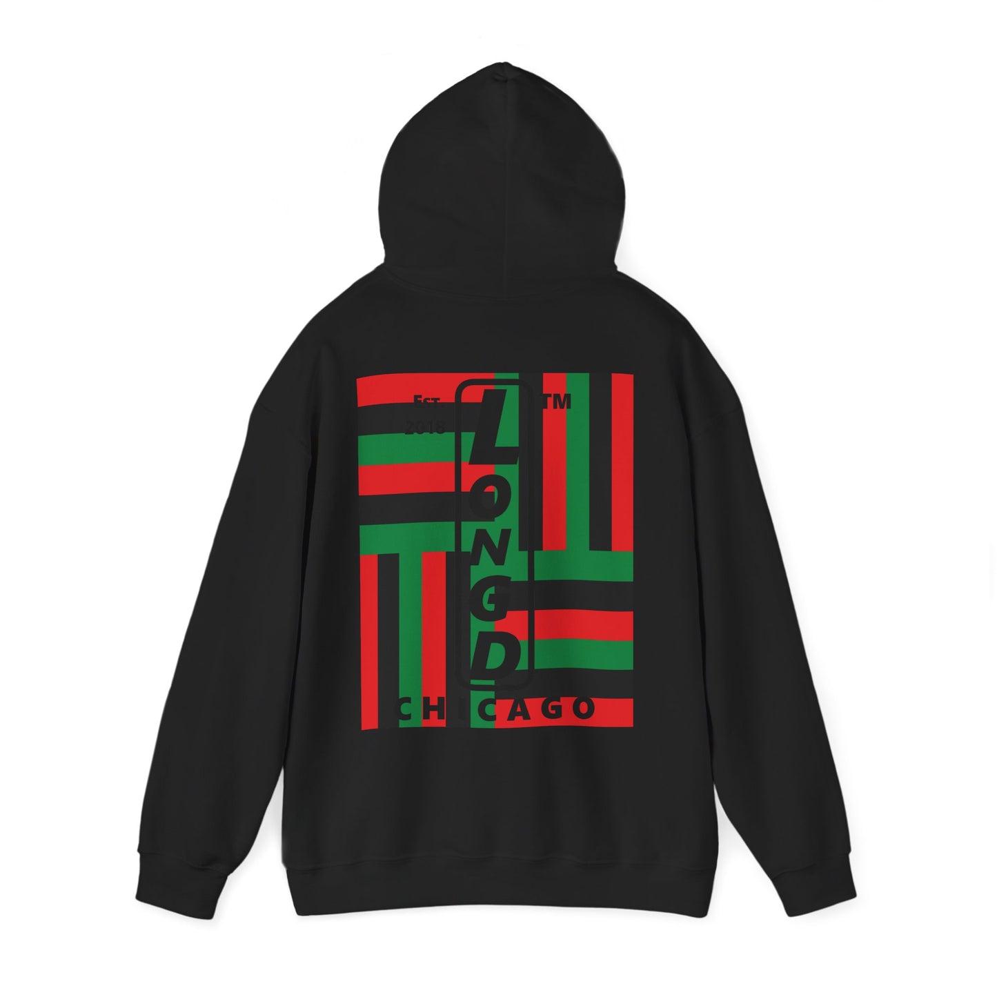 LongD single-breasted negative windmill front-back upright Chicago logo hoodie (Juneteenth colors)