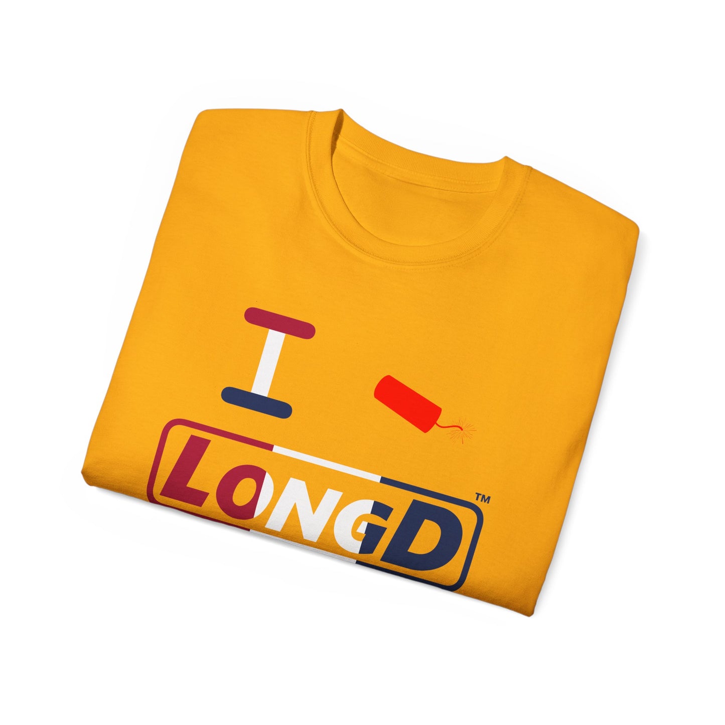 I Firecracker LongD® Logo Cotton Tee Red, White and Blue positive thirds text
