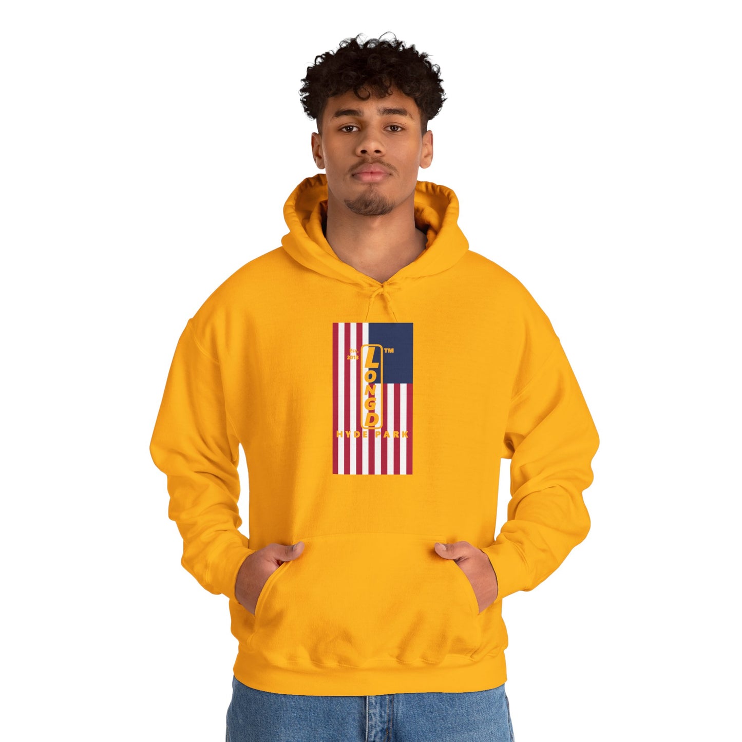 LongD® negative flag upright Hyde Park logo hoodie (Patriotic colors)