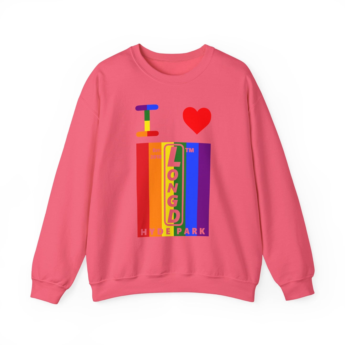 I Luv LongD negative vertical 6-striped Hyde Park upright logo crewneck sweatshirt