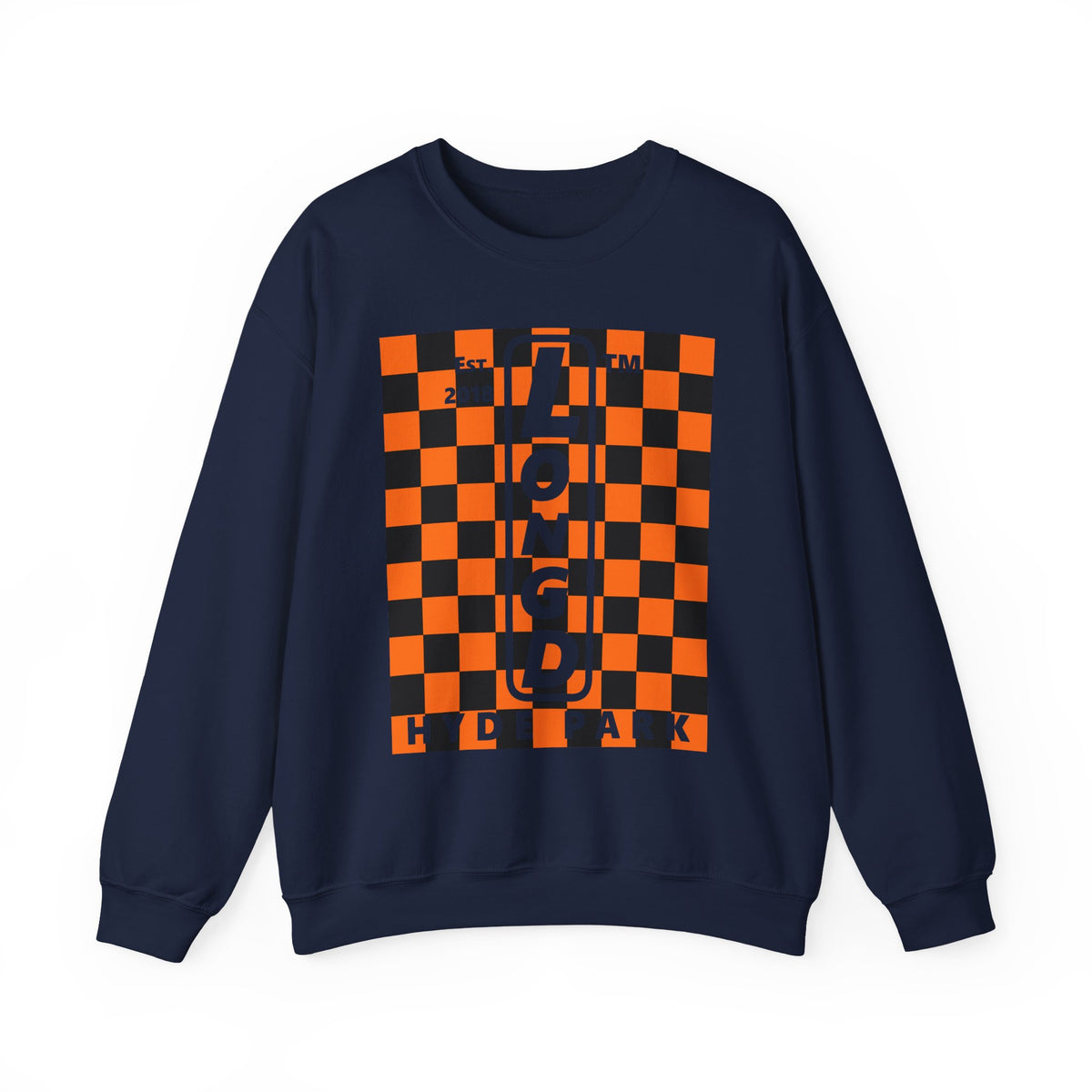 LongD Hyde Park negative upright checkered logo (Halloween colors) crewneck sweatshirt