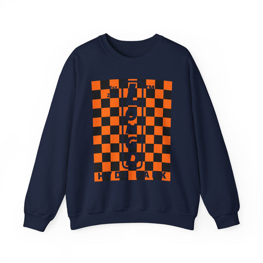 LongD Hyde Park negative upright checkered logo (Halloween colors) crewneck sweatshirt