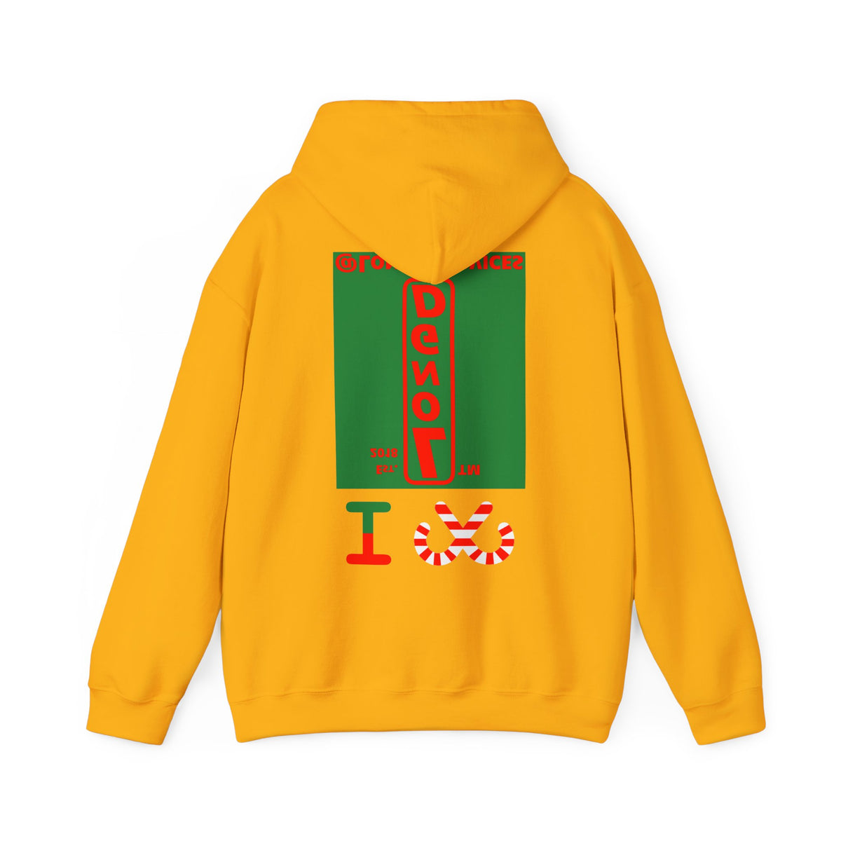 I candy cane LongD Tag upright front-back logo positive red on negative green hoodie