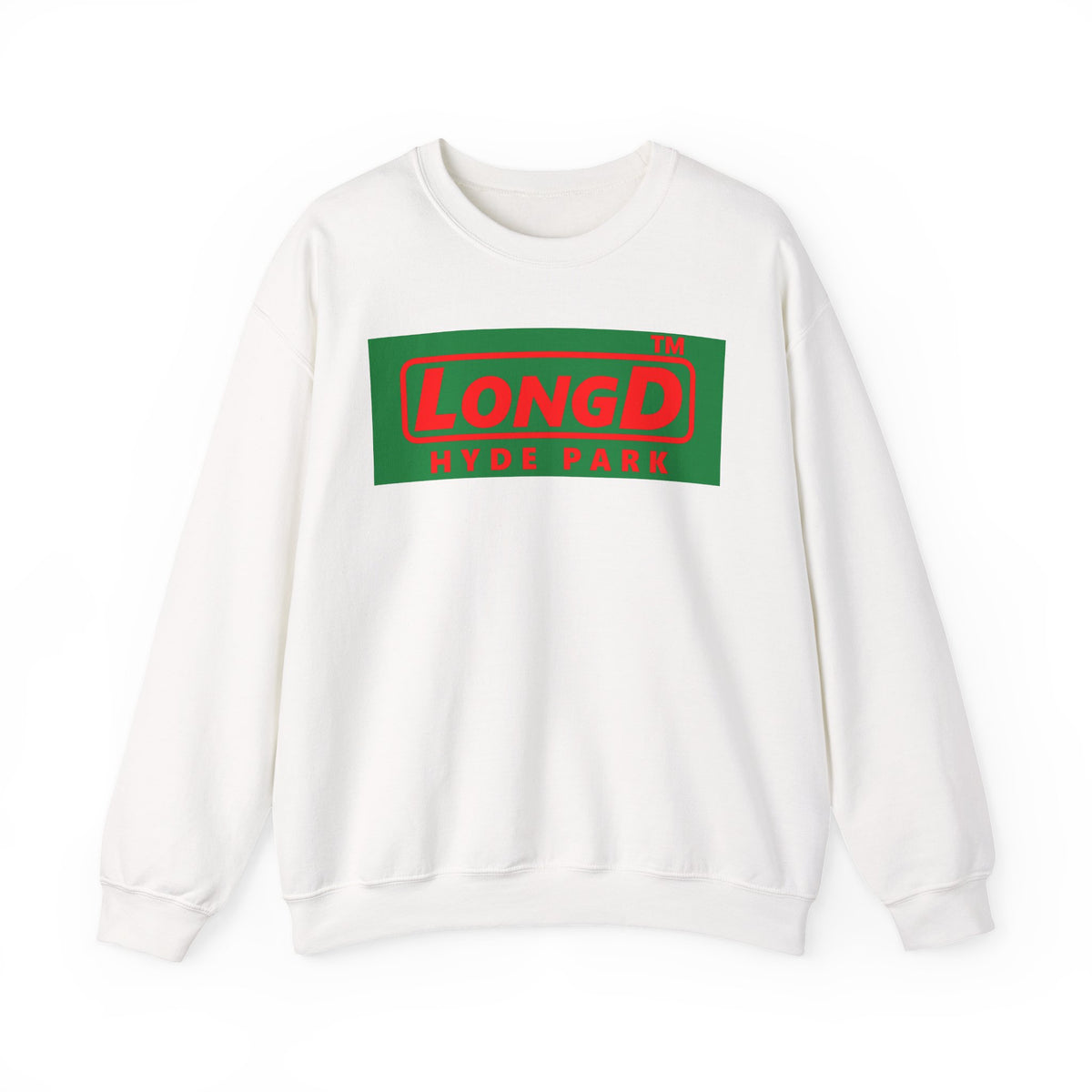 LongD Hyde Park logo positive red on negative green (Xmas colors) crewneck sweatshirt
