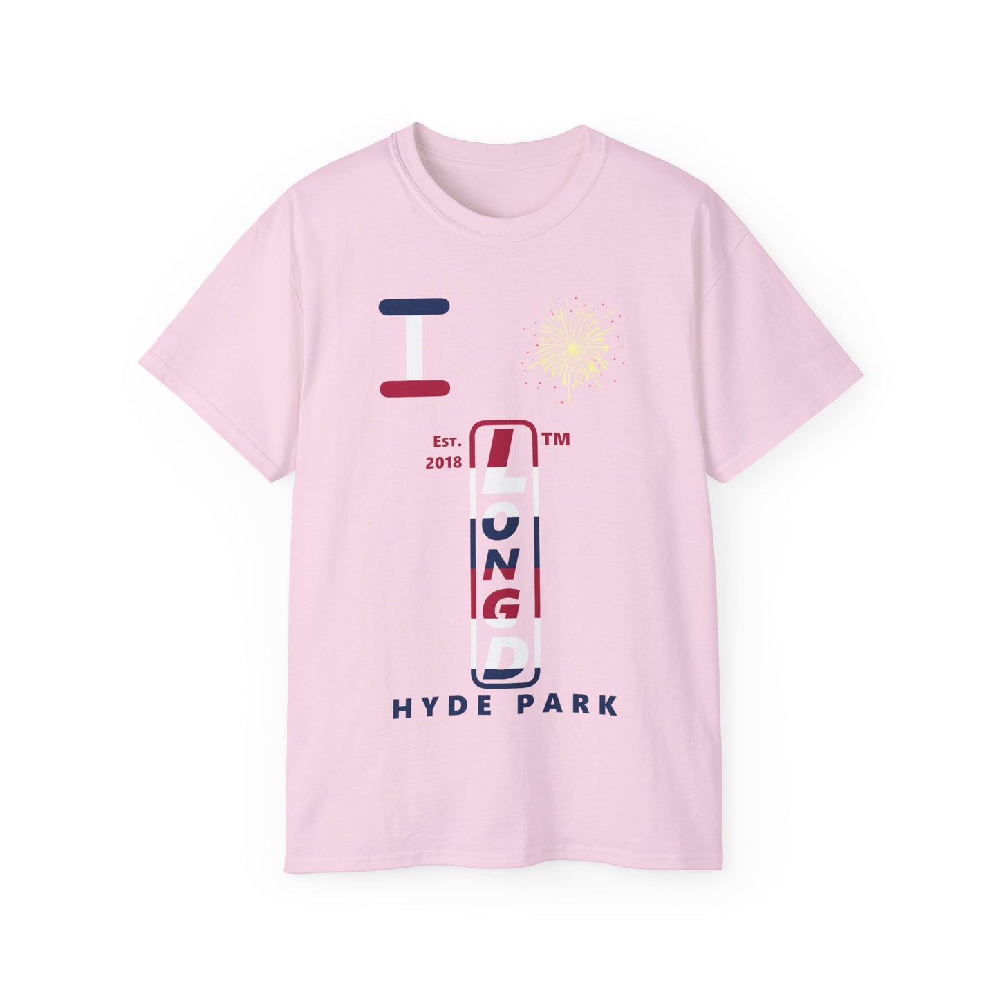 I Burst LongD cotton tee positive horizontal 6-striped Hyde Park upright logo (Patriotic colors)