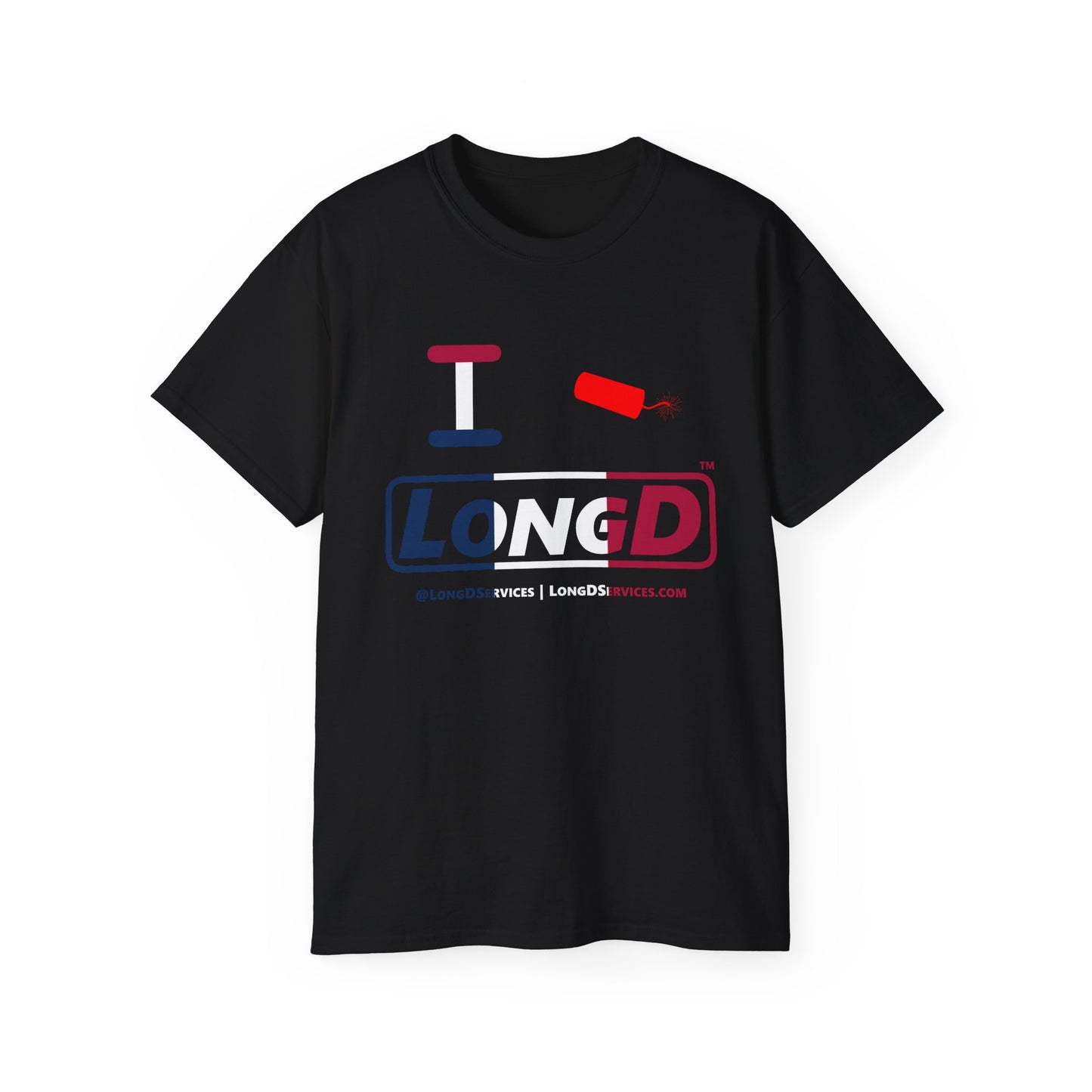 I Firecracker LongD® Logo Cotton Tee Blue, White and Red positive thirds text