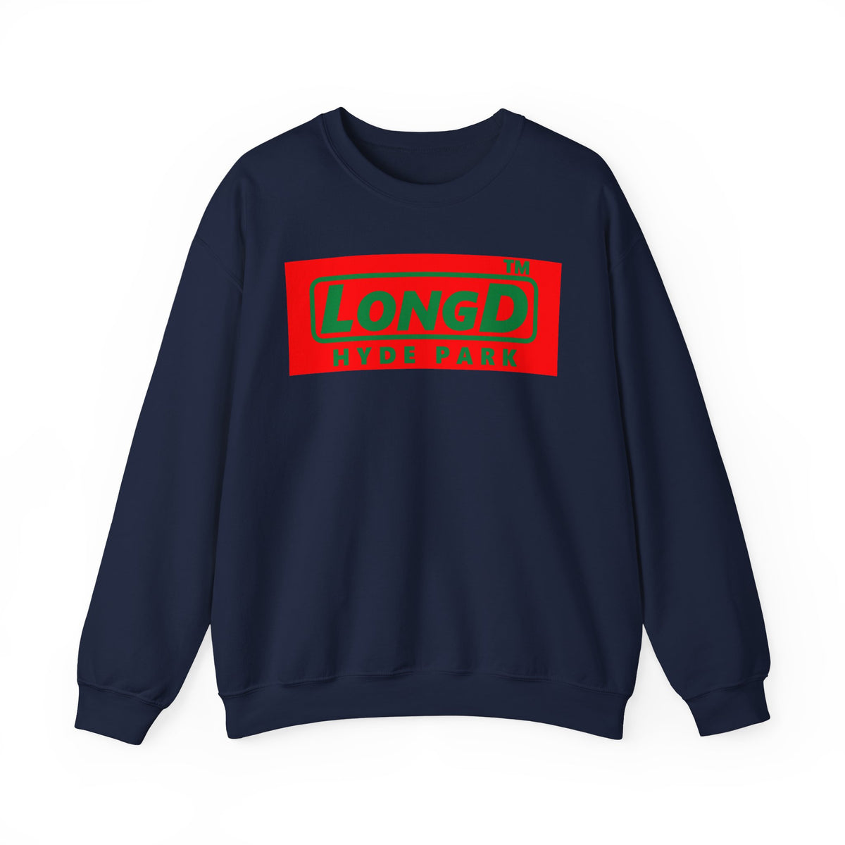 LongD Hyde Park logo positive green on negative red (Xmas colors) crewneck sweatshirt