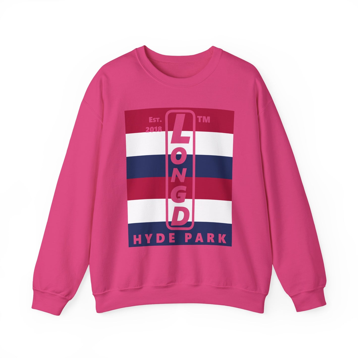 LongD negative horizontal 6-striped Hyde Park upright logo crewneck sweatshirt (patriotic colors)