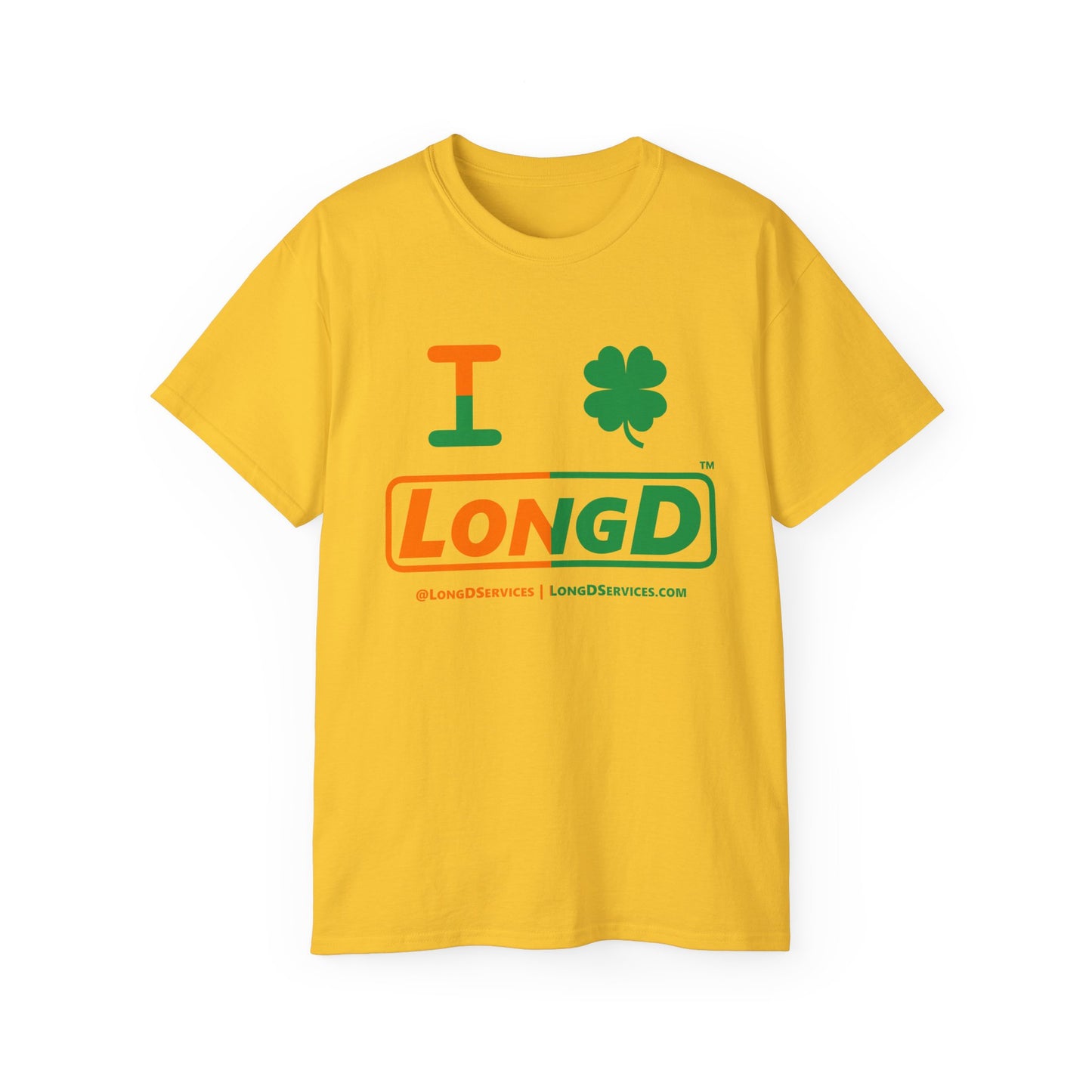 I Clover LongD® Logo Cotton Tee (St. Patrick's Day -Irish Green and Irish Orange right-left split with 4-leaf clover)