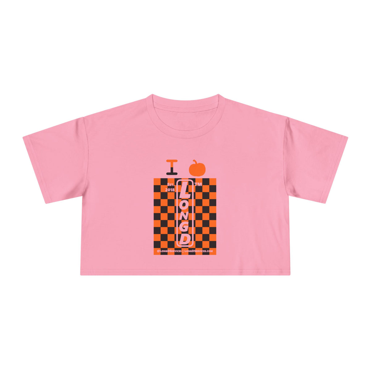 I pumpkin LongD Tag-domain negative upright checkered logo crop tee