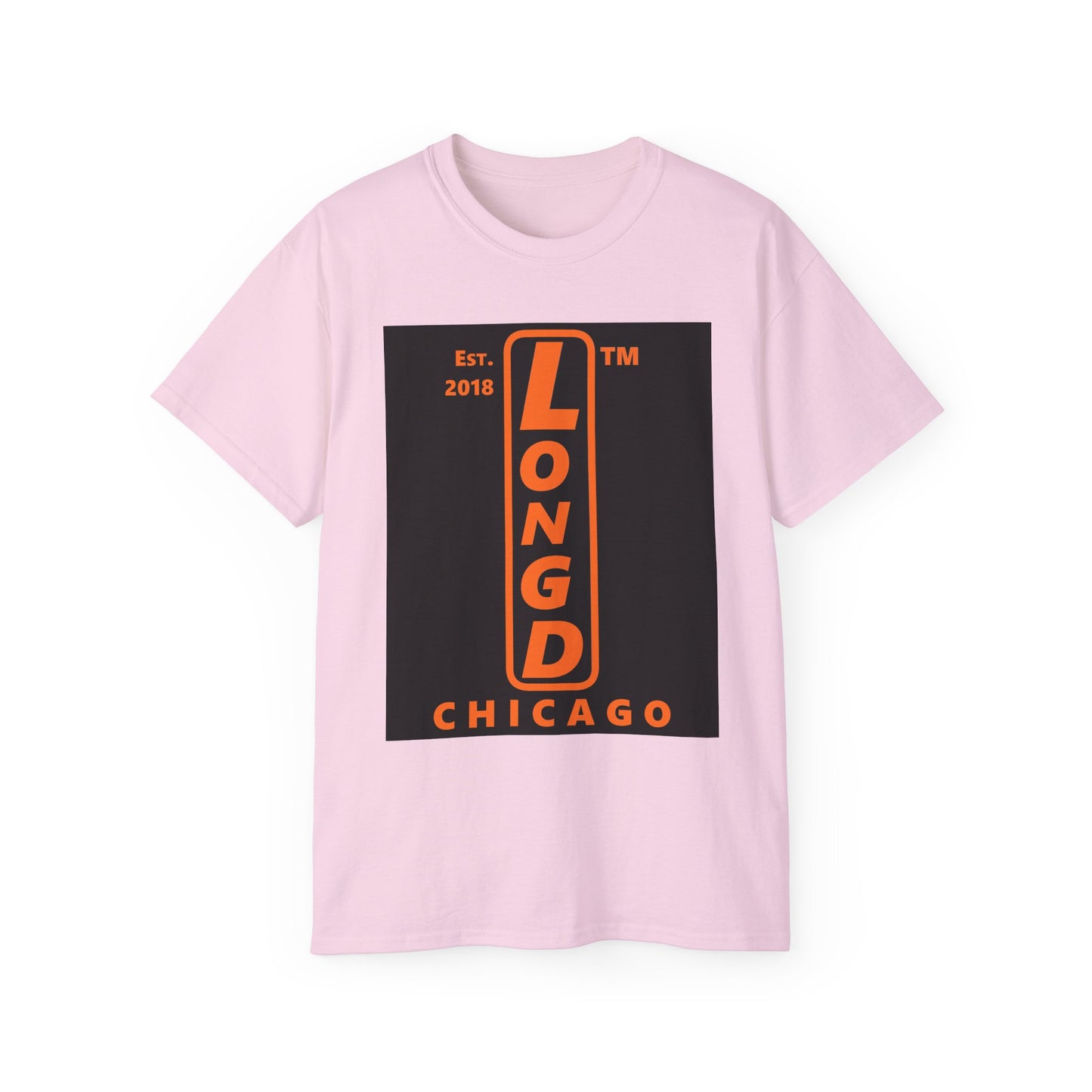 LongD Chicago upright front-back logo orange (FE7518) on Black (000000) cotton tee