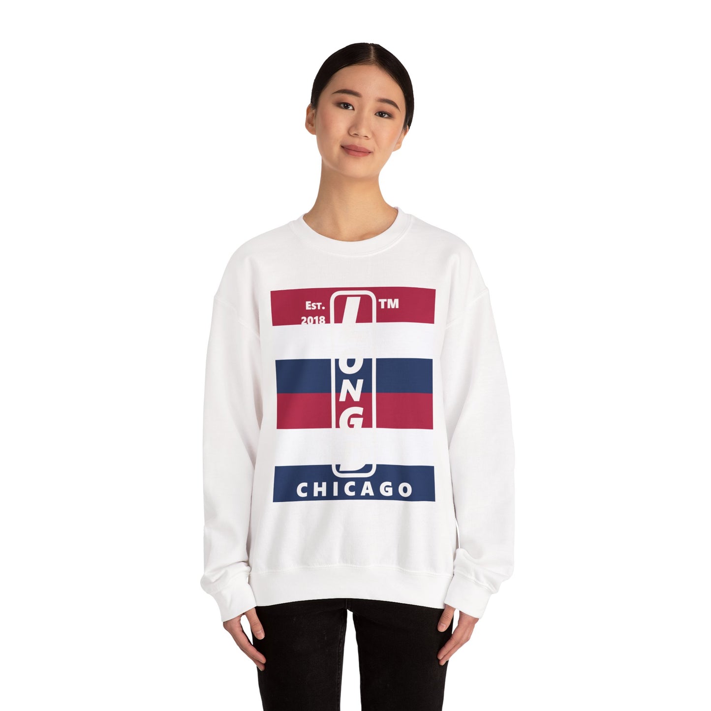 LongD negative horizontal 6-striped Chicago logo crewneck sweatshirt (patriotic colors)