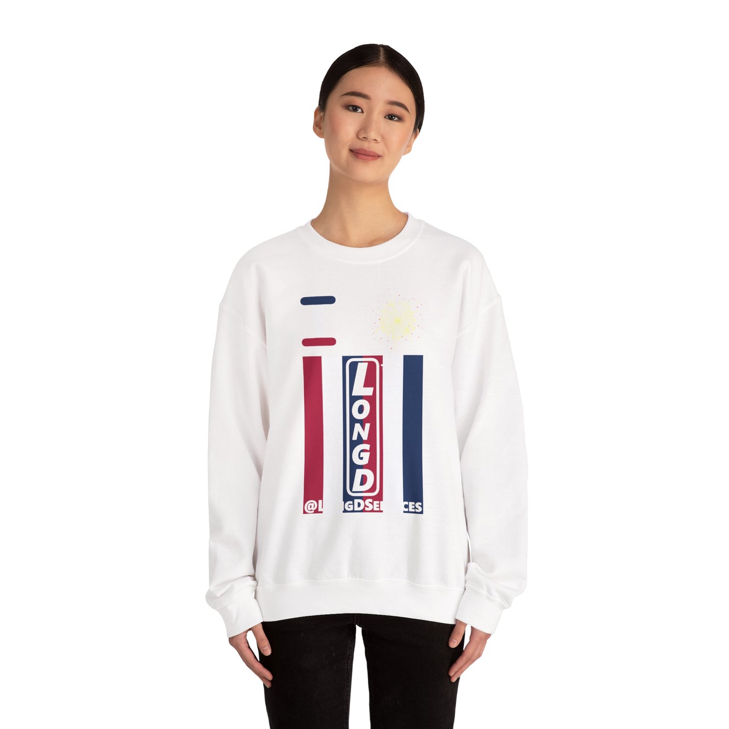 I Burst LongD negative vertical 6-striped tag upright logo crewneck sweatshirt