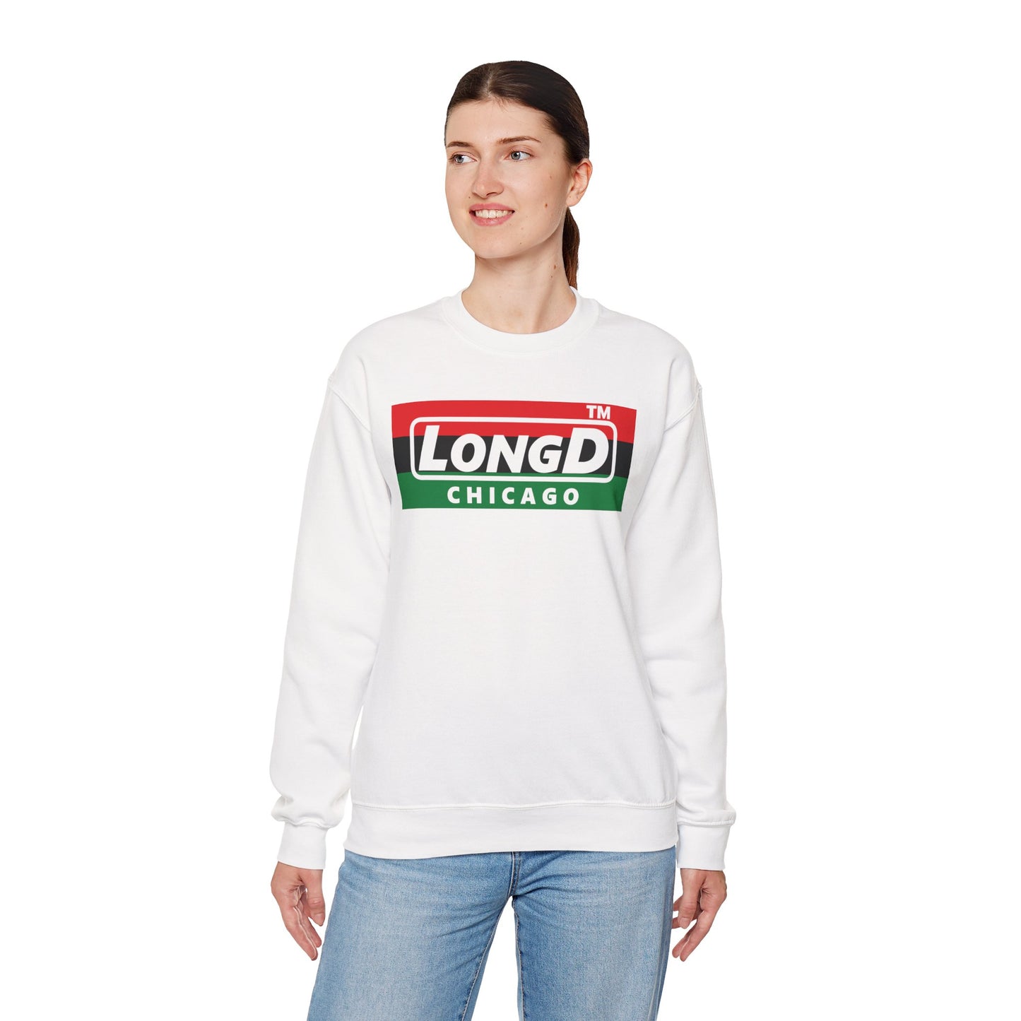 LongD negative horizontal 3-striped Chicago logo crewneck sweatshirt (Juneteenth colors)