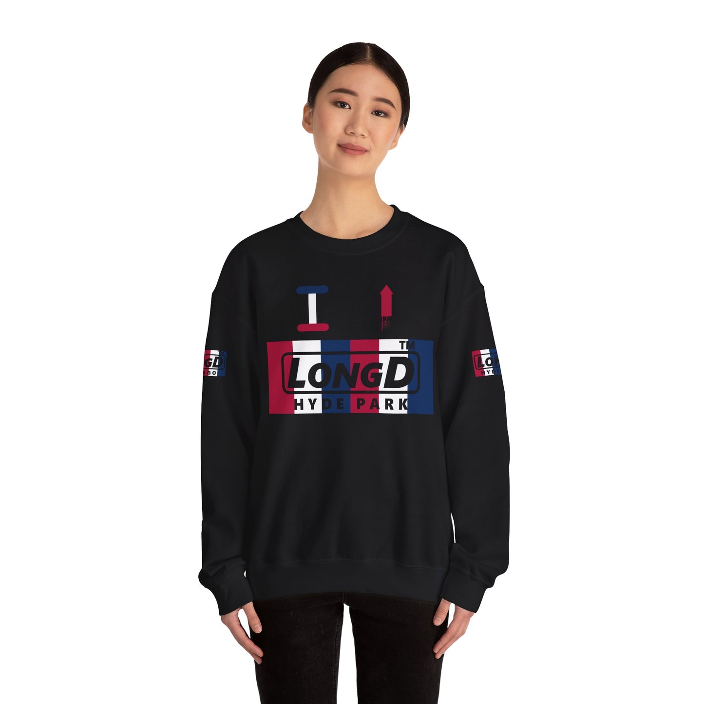 I firecracker LongD positive vertical 6-striped 4-print Hyde Park logo crewneck sweatshirt