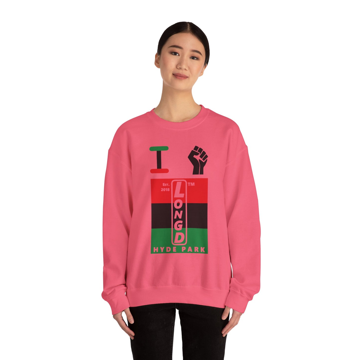 I Fist LongD negative horizontal 3-striped Hyde Park upright logo crewneck sweatshirt