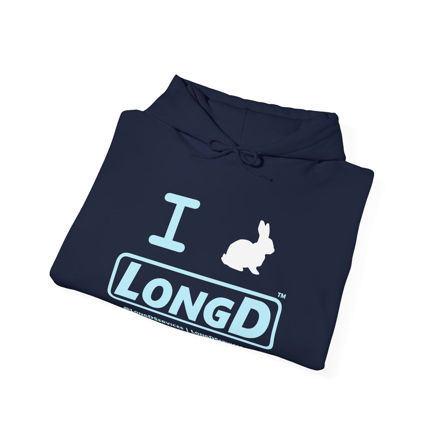 I Bunny LongD® Logo Hoodie Pastel blue text (White Easter Bunny)