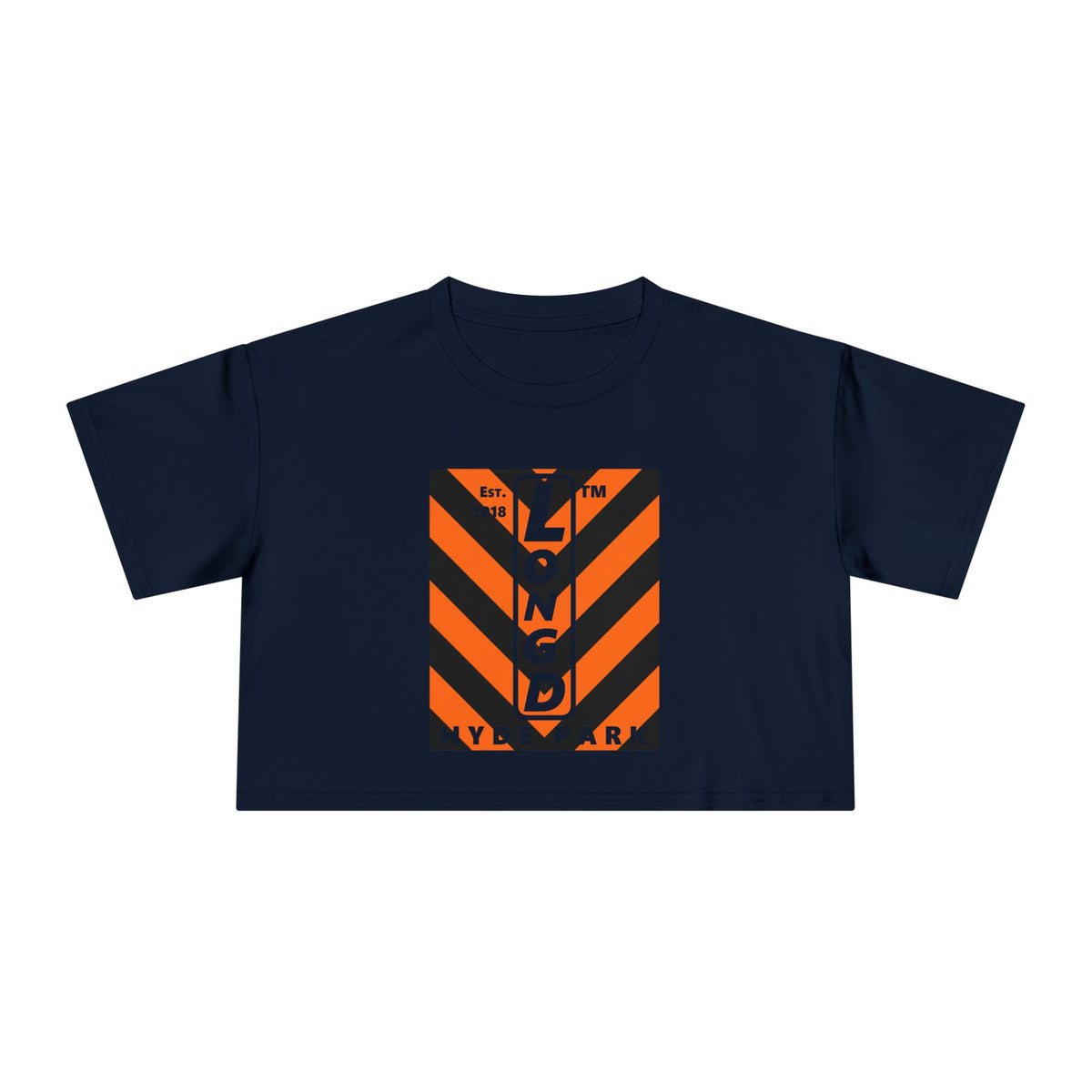 LongD Hyde Park negative upright downward chevron logo (Halloween colors) crop tee