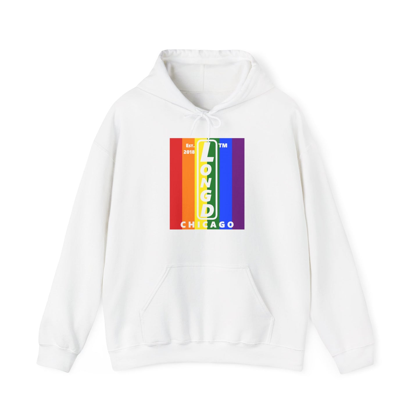 LongD® negative vertical 6-striped upright Chicago logo hoodie (Pride colors)
