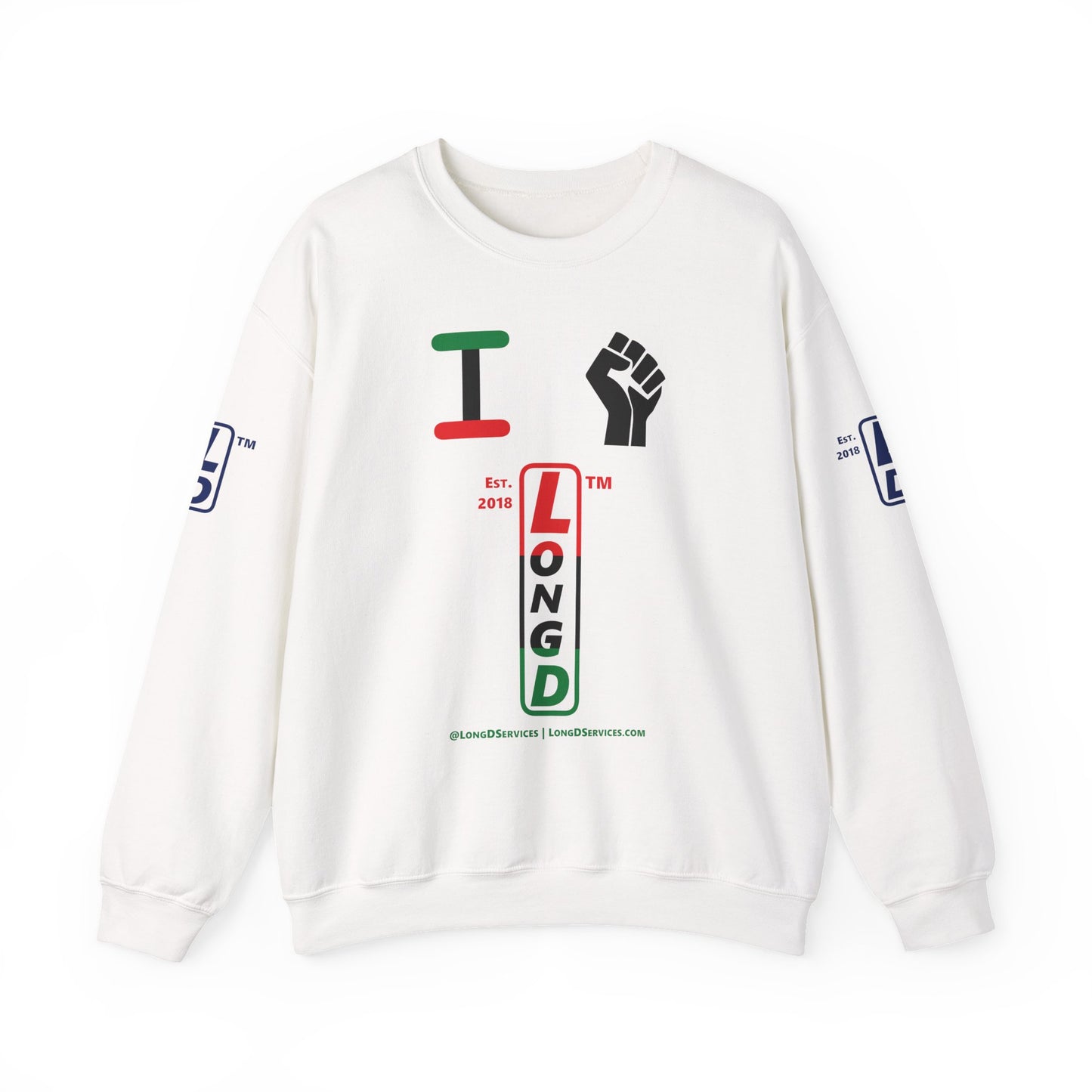I Fist LongD positive horizontal 3-striped tag-domain upright 4-print logo crewneck sweatshirt